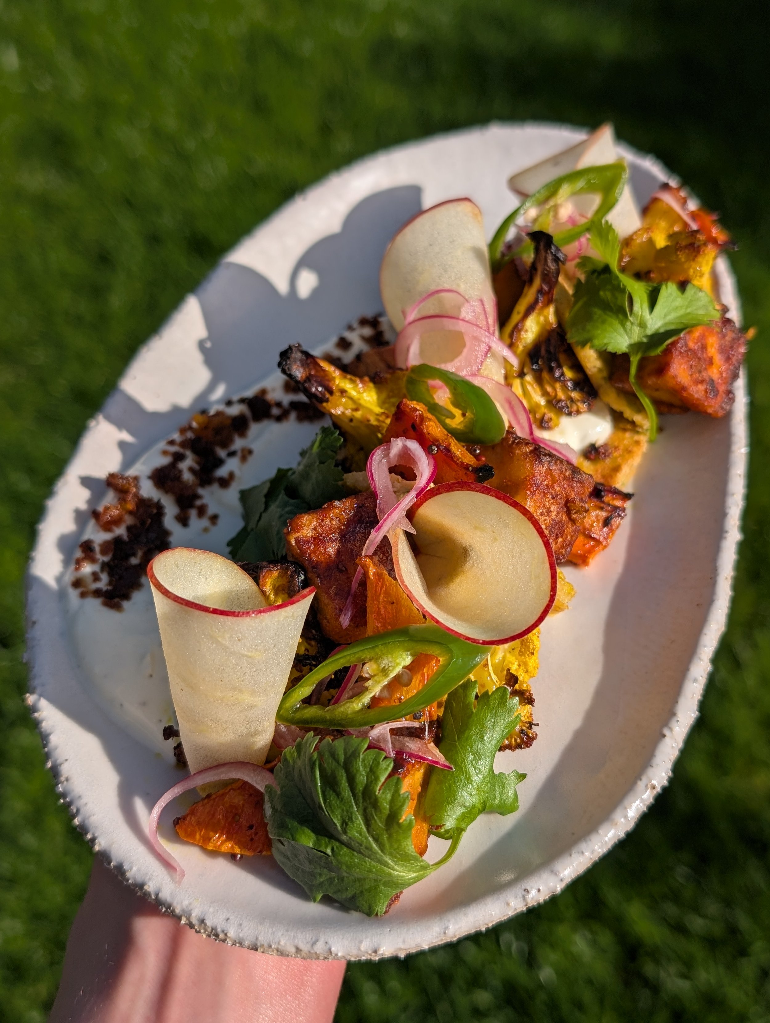 Plant Based Platter - Besan Chilla, Carrot, Cauliflower & Coconut, Apple, Coriander, Jalapeno & Pickles 