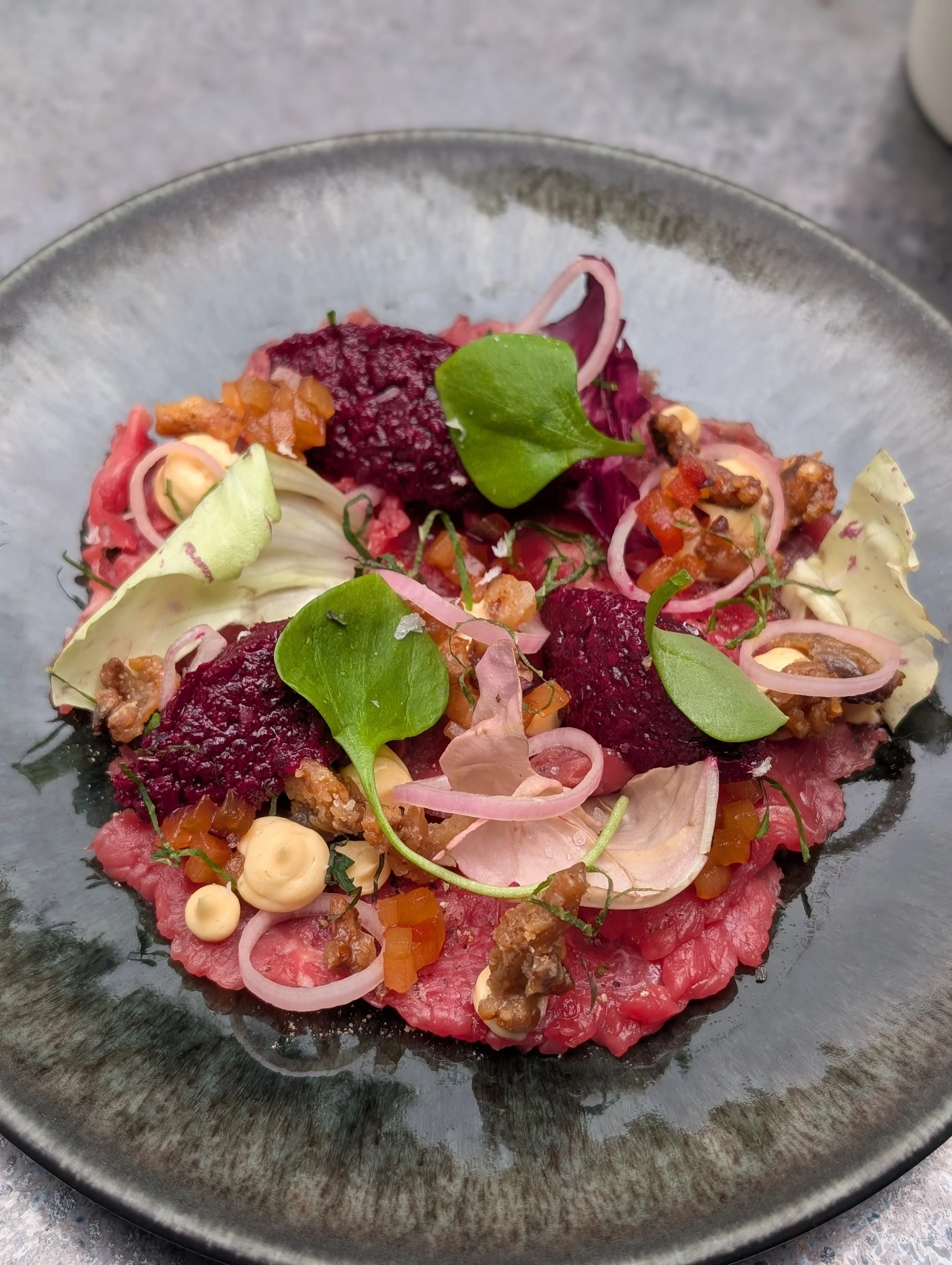 Dexter Beef Carpaccio, Umeboshi Plum & Beetroot Relish, Beef Fat Emulsion, Pickled Shallot