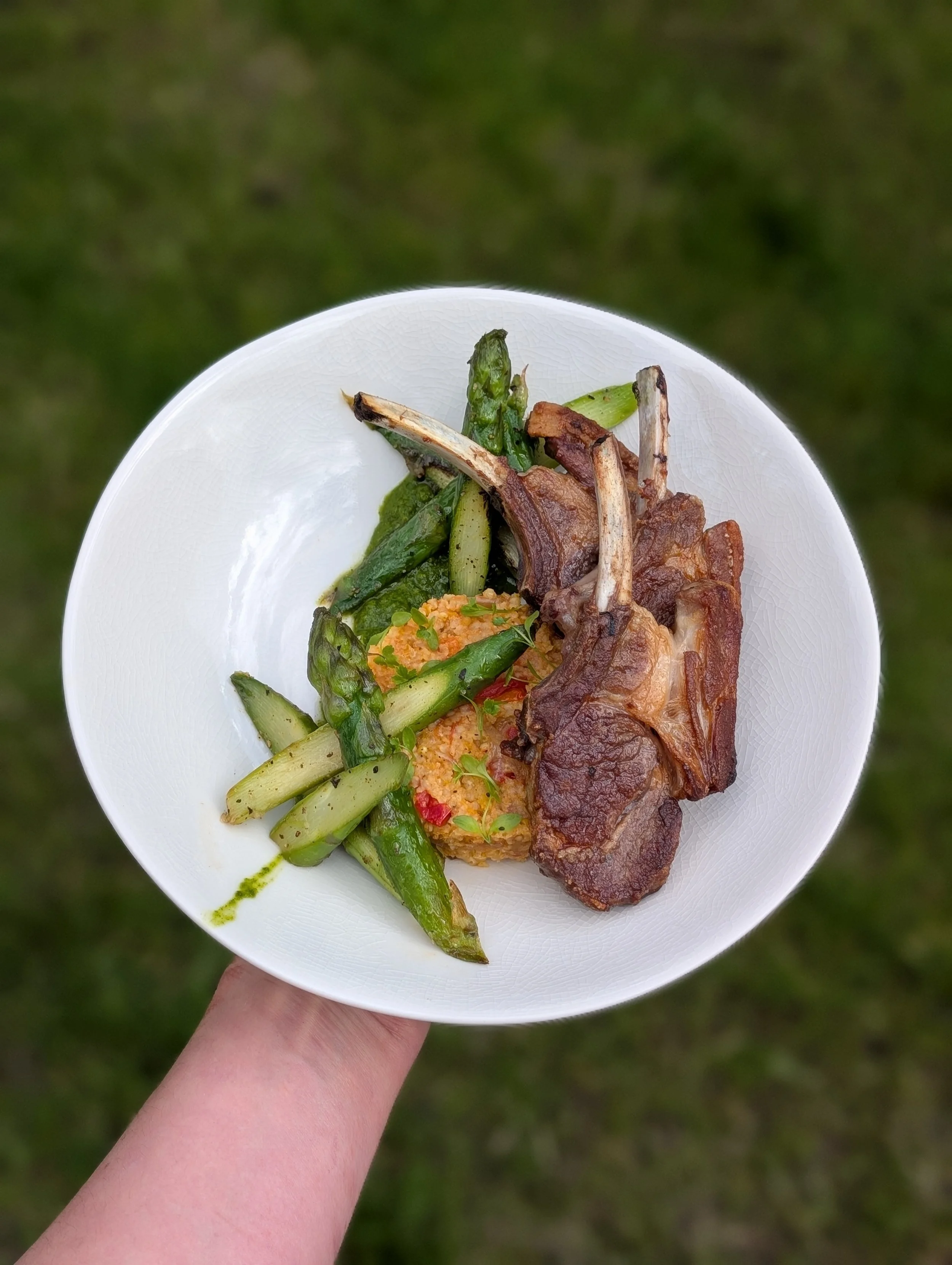 Lamb Cutlets, Corn Cous Cous, Asparagus, Mint Relish 