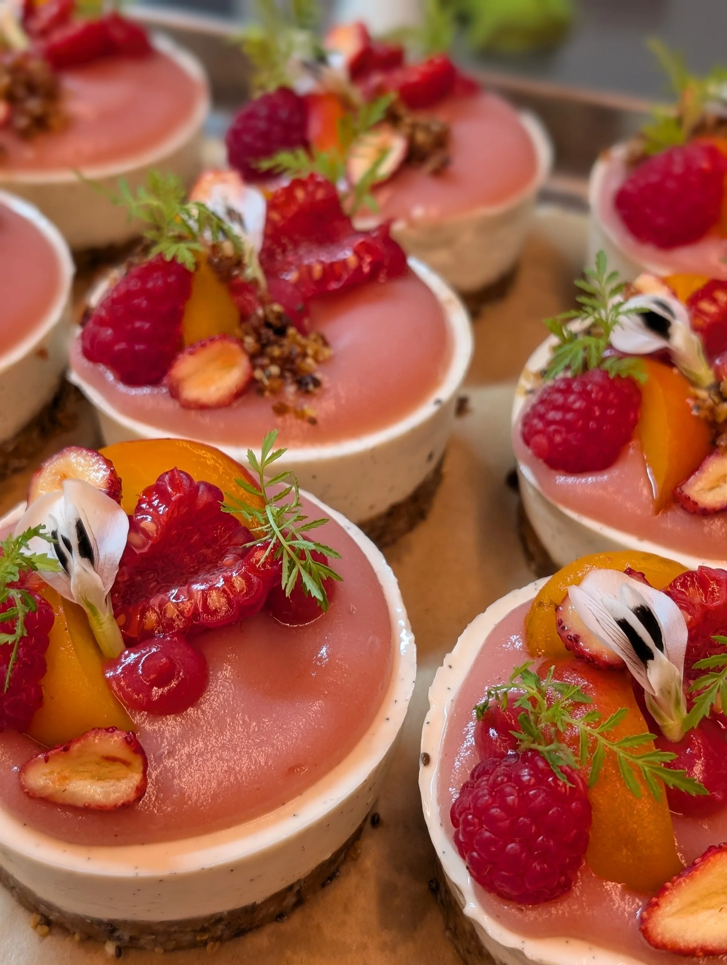 Vegan Coconut Bavarois, Rhubarb, Raspberry, Peach, Lime & Goii Berry 