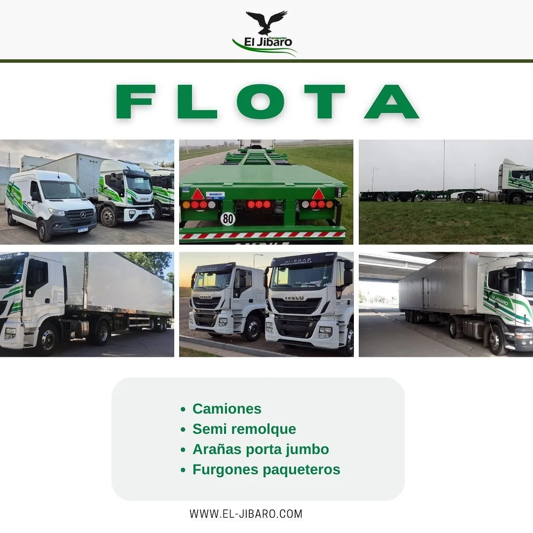 Nuestra flota est&aacute; preparada para cubrir todas tus necesidades log&iacute;sticas. Contamos con camiones, semirremolques, ara&ntilde;as porta jumbo y furgones paqueteros.
www.el-jibaro.com