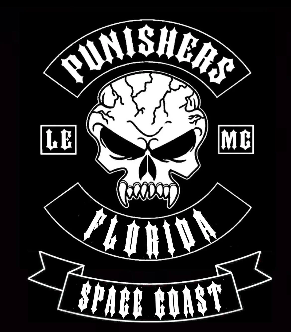 Black and white graphic featuring a skull with a cracked Earth for a brain, skull eyes and teeth, surrounded by text: 'PUNISHERS', 'LE ME', 'FIGHT', and 'SPACE COAST'.