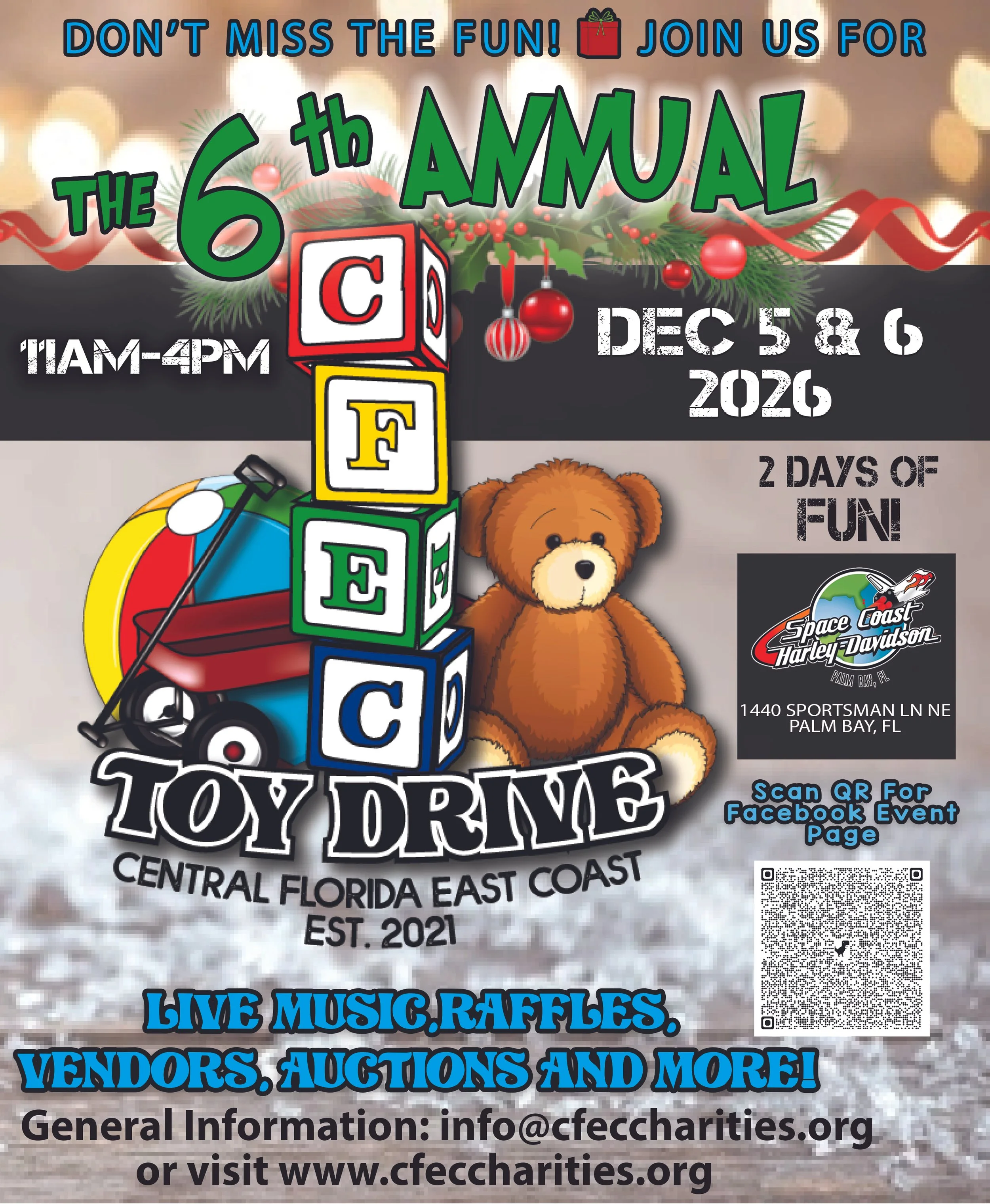 Poster for the 6th Annual Toy Drive at Space Coast Harley-Davidson in Palm Bay, Florida, on December 5 and 6, 2026, from 11 am to 4 pm, featuring a Christmas-themed background with ornaments, Christmas greenery, toy blocks spelling Toy Drive, a teddy bear, and event details for live music, raffles, vendors, auctions, and more.