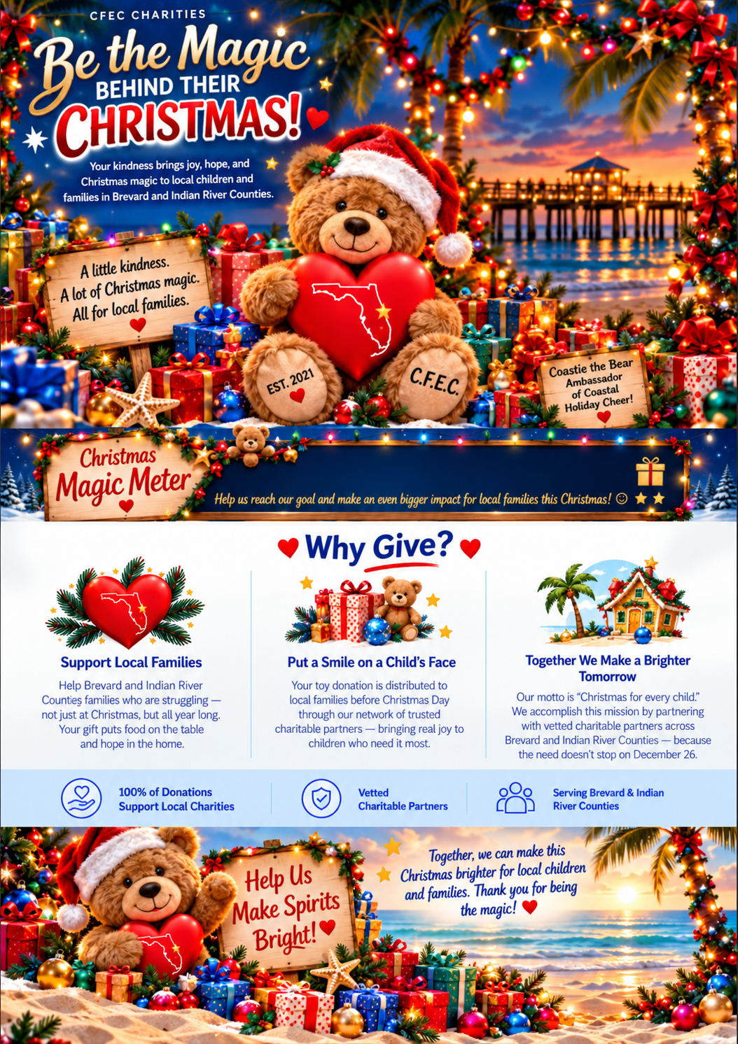 CFEC Charities Christmas fundraiser graphic featuring a teddy bear holding a Florida heart, gifts, holiday decorations, and information about supporting local families in Brevard and Indian River Counties.