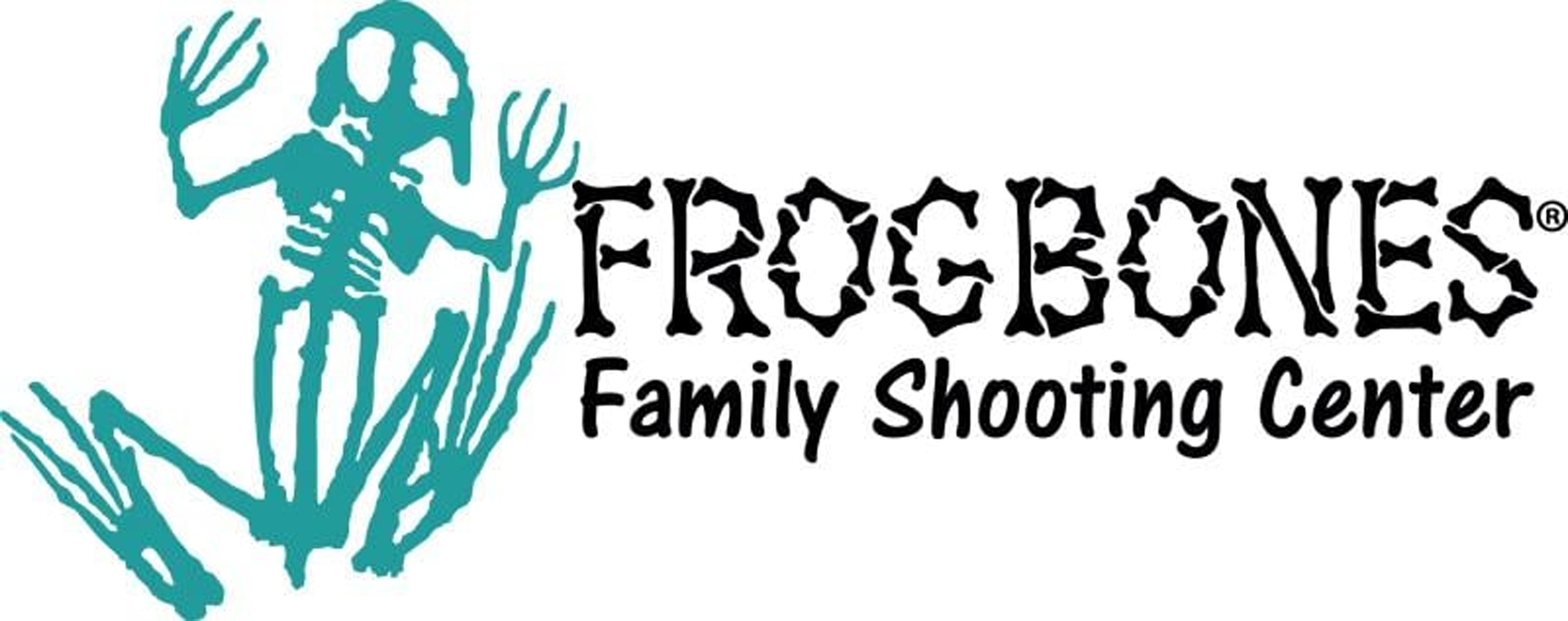 Logo for Freggones Family Shooting Center featuring a teal skeleton holding a shotgun.