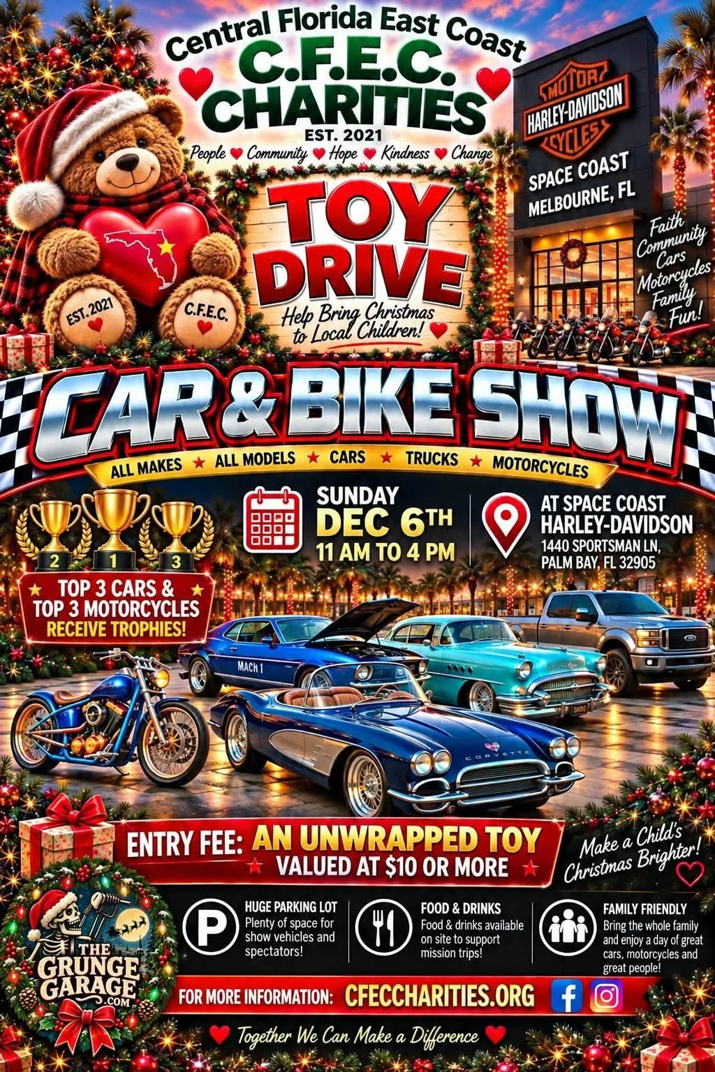 Christmas-themed poster for a car and bike show and toy drive event, featuring a teddy bear with a heart-shaped Florida map, Christmas decorations, classic cars, motorcycles, and event details including date, location, and activities.