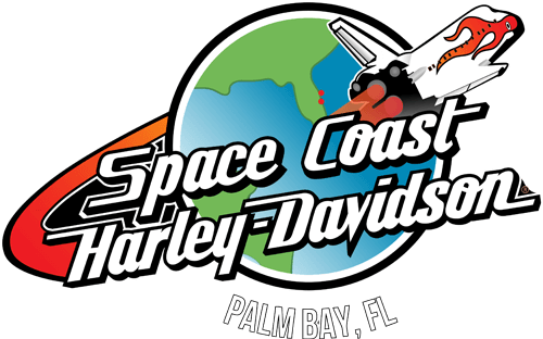Logo of Space Coast Harley-Davidson in Palm Bay, Florida, featuring a globe, a motorcycle with a dragon graphic, and stylized text.