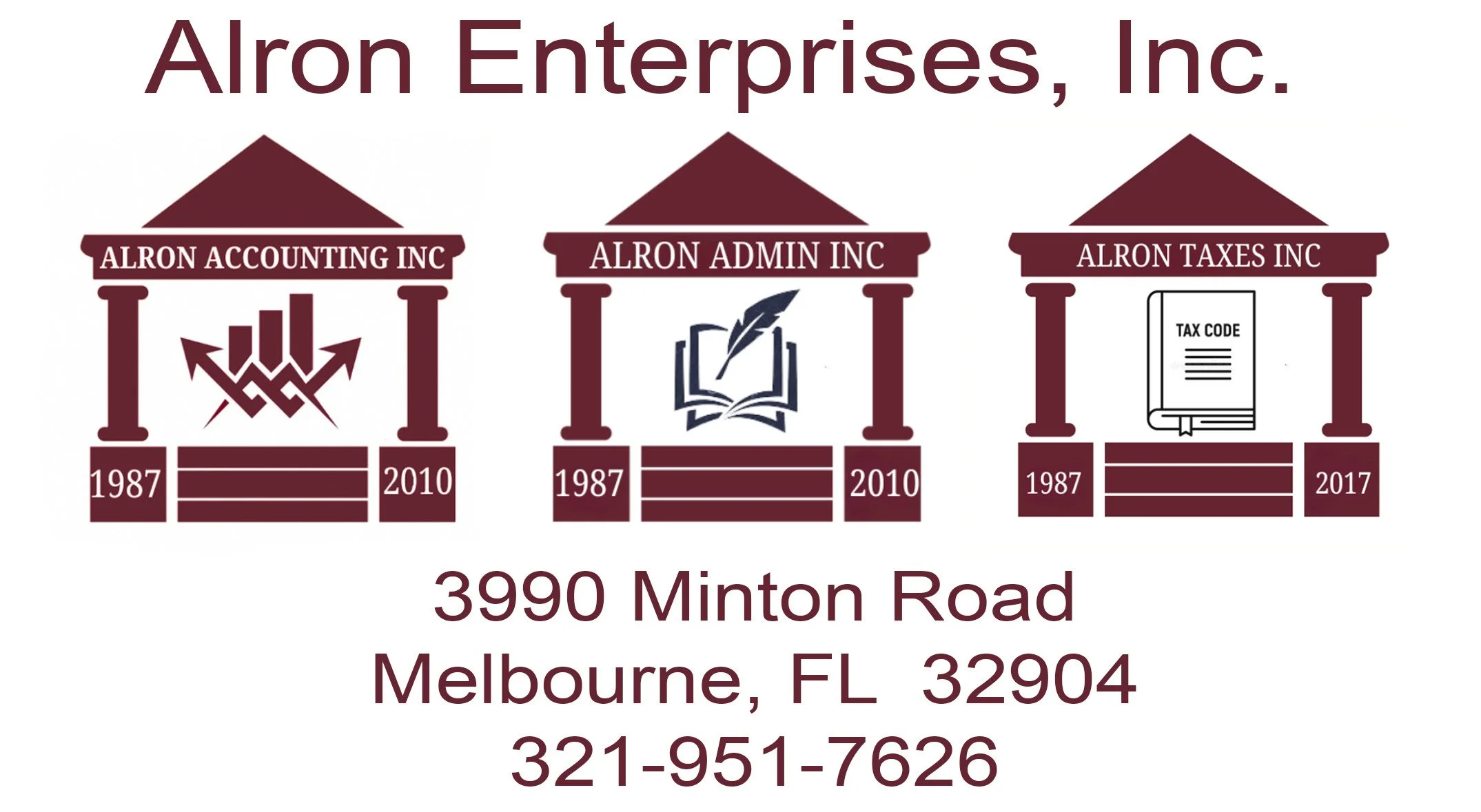 Business card for Alron Enterprises, Inc., with three sections representing different branches: Alron Accounting Inc., Alron Admin Inc., and Alron Taxes Inc. Each section shows an icon, the branch name, and years 1987 and 2010 or 2017. The card displ