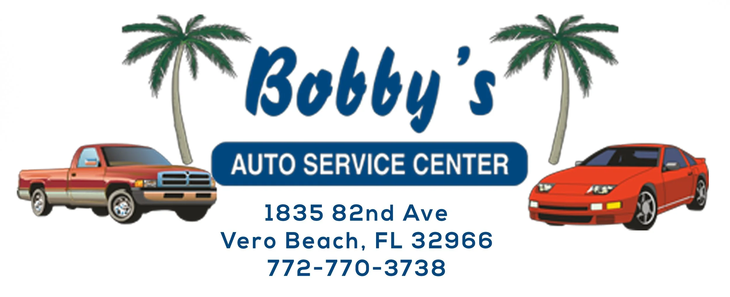 Business card for Bobby's Auto Service Center in Vero Beach, FL. Features two palm trees and images of a red pickup truck and a red sports car. Includes address 1835 82nd Ave, phone number 772-770-3738.