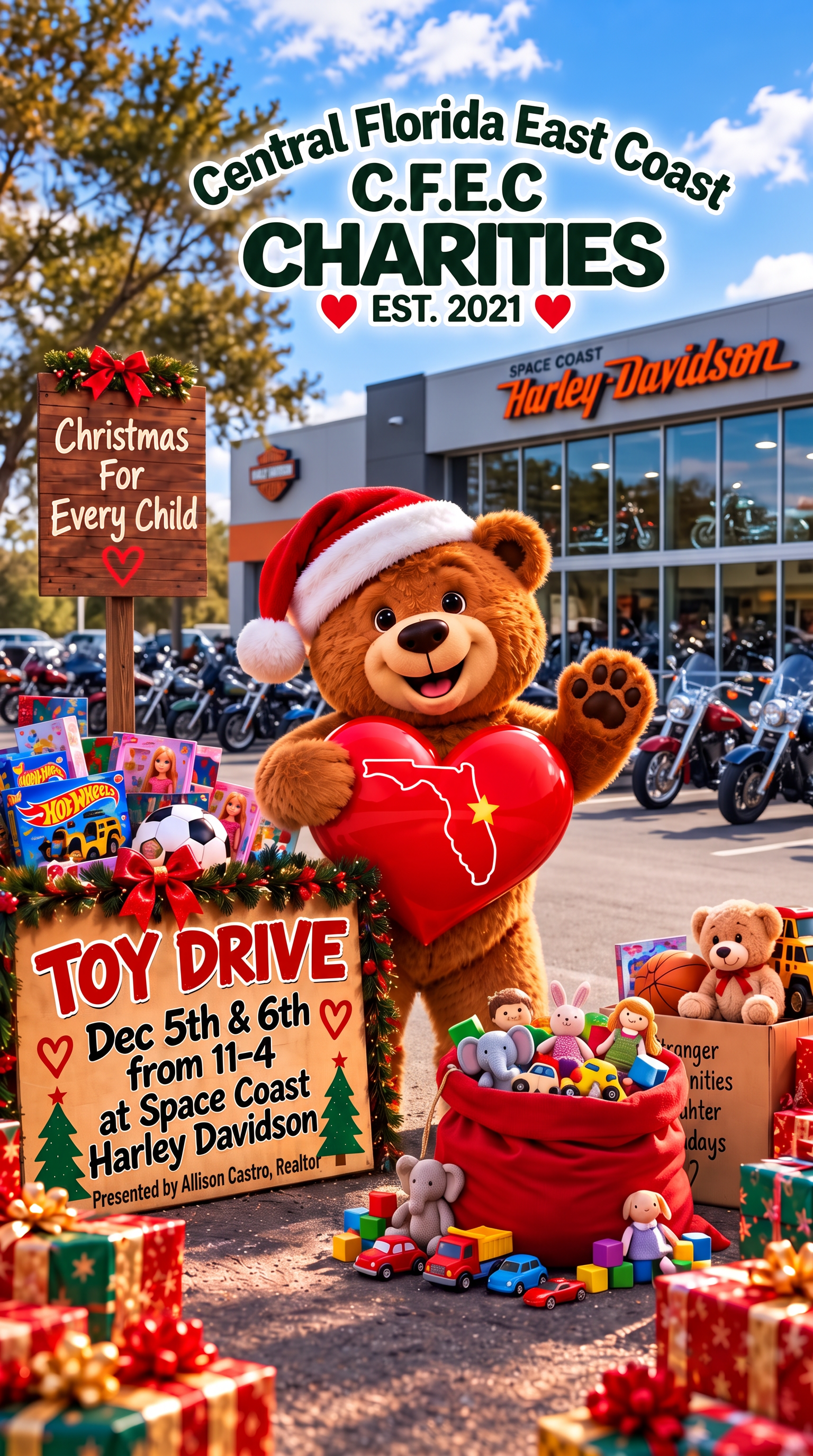 A smiling bear mascot wearing a Santa hat holding a red heart with the outline of Florida and a star on it. The scene is at a toy drive event in the parking lot of Harley Davidson. There are wrapped presents, toys, and a sign that reads, ‘Toy Drive, 