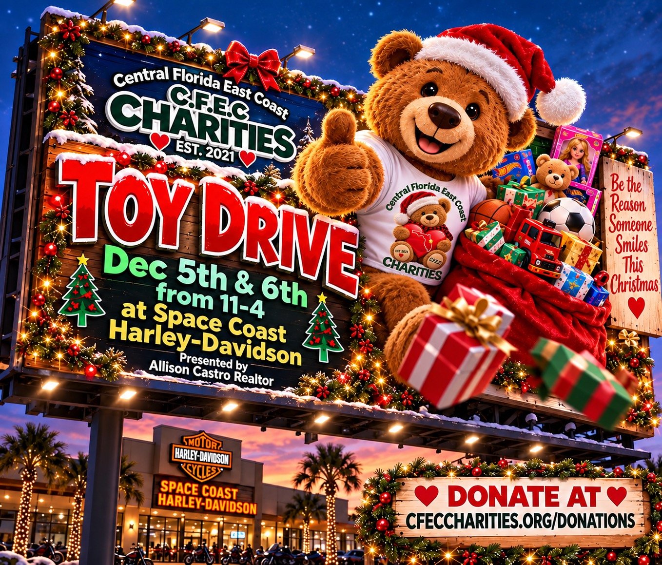 A festive billboard advertising a toy drive organized by Central Florida East Coast Charities, featuring a large teddy bear wearing a Santa hat and a t-shirt, surrounded by toys, gifts, and Christmas decorations, with event details and a donation web