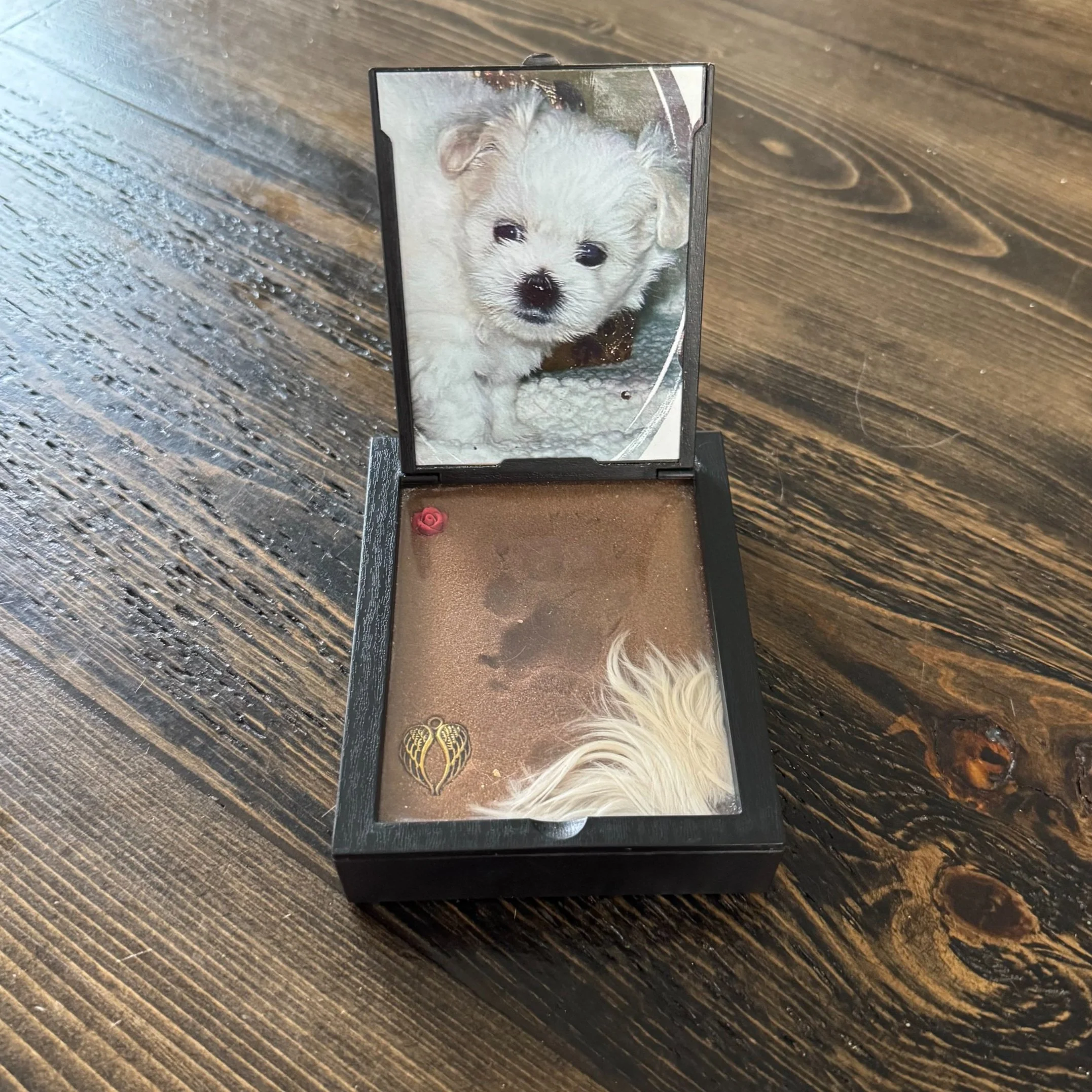 Open makeup mirror with a photo of a white puppy on the inside of the lid, sitting on a dark wooden surface.