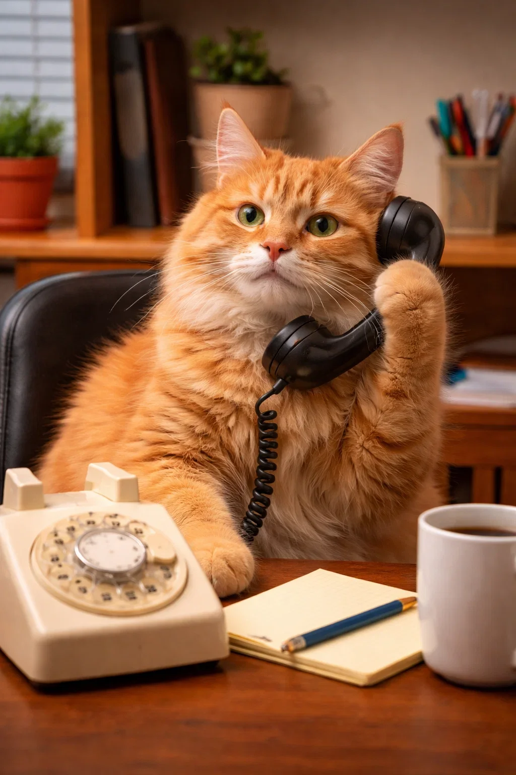 A fluffy orange tabby cat holding a black landline telephone receiver with its paw in an office setting. The cat is sitting at a wooden desk with a mug of coffee, a small notepad, and a blue pen. In the background, there's a bookshelf with potted plants and office supplies.