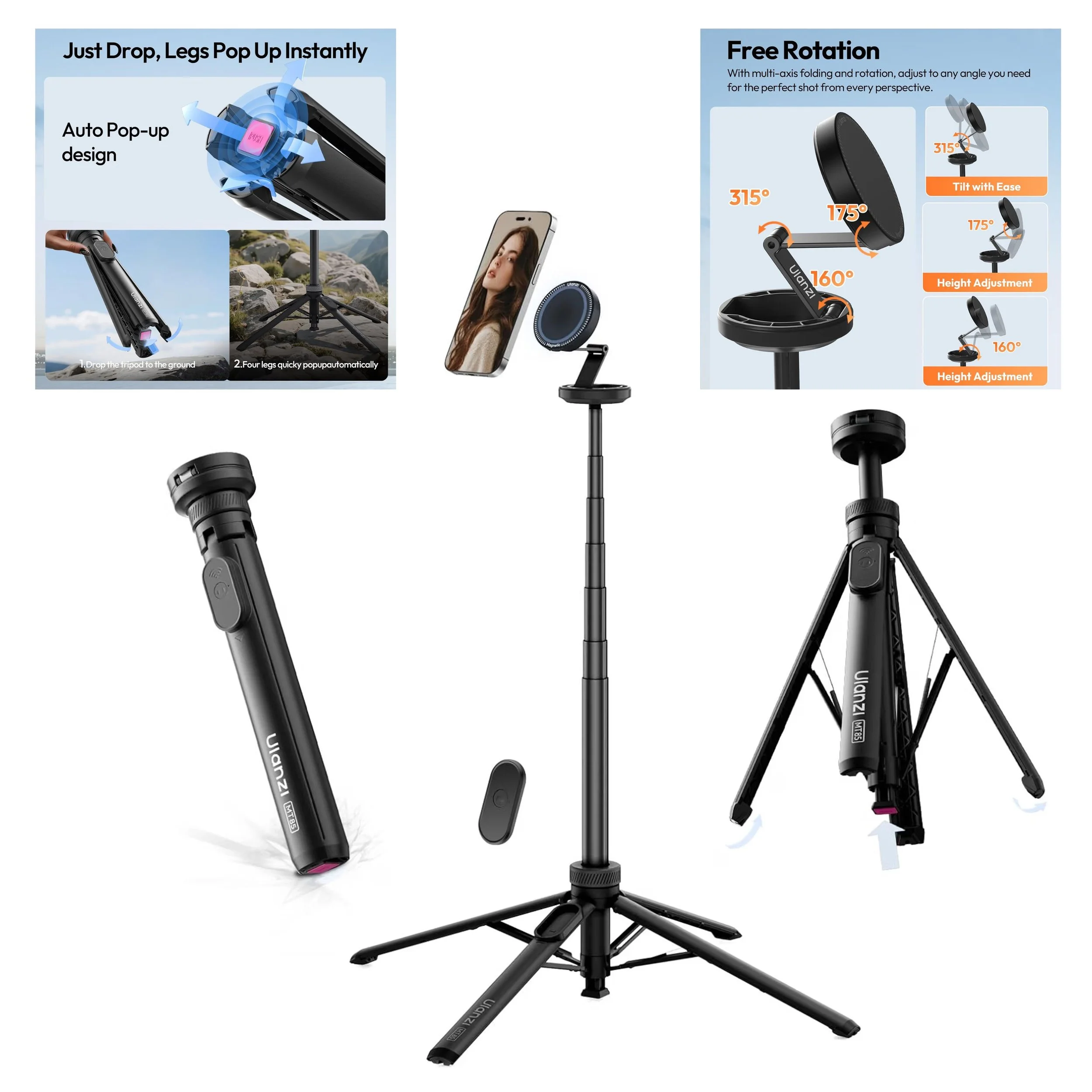 MAGNETIC PHONE TRIPOD:

ULANZI MT85 60" Magnetic Phone Tripod for iPhone18Pro Auto Open Selfie Stick
N52 Magnetic, Aluminum, Enhanced 4-Leg, Extendable Phone Stand for Magsafe w Remote for Travel Vlog Content Creator Essential