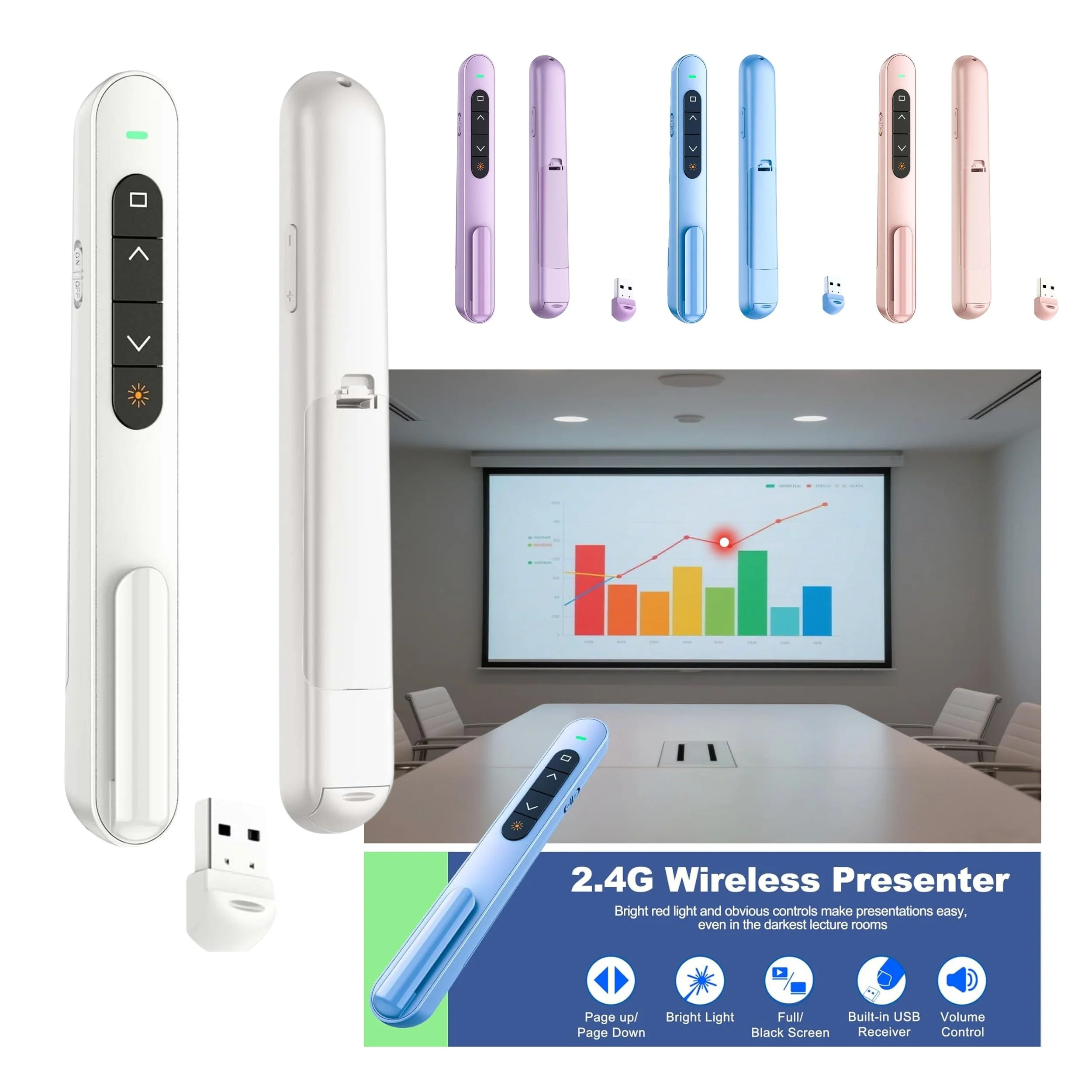 QUI PRESENTATION CLICKER

Volume Control, Wireless Presenter Remote
Plug & Play 2.4GHz USB Slide Advancer Compatible with Mac/Windows, Works with PowerPoint, Keynote, and Google Slides
