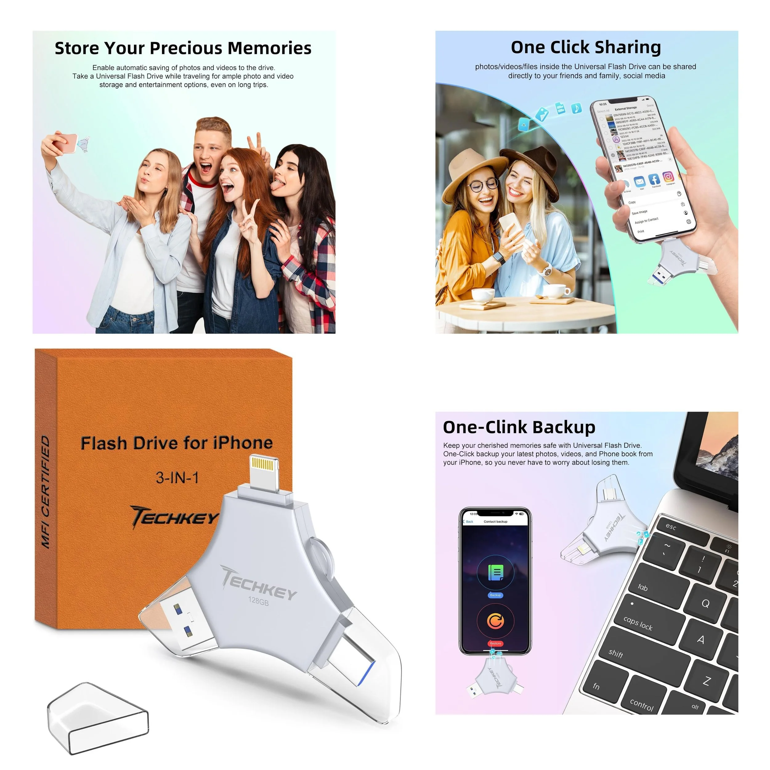 128GB FLASH DRIVE for iPHONE

MFi Certified USB 3.0 Flash Drive 128GB for iPhone, 3in1 External Memory Photo Keeper Storage Stick for Picture/Video/Data Saver/Backup, High Speed Thumb/Jump/Hard Drives for iPhone/iPad/Android/PC