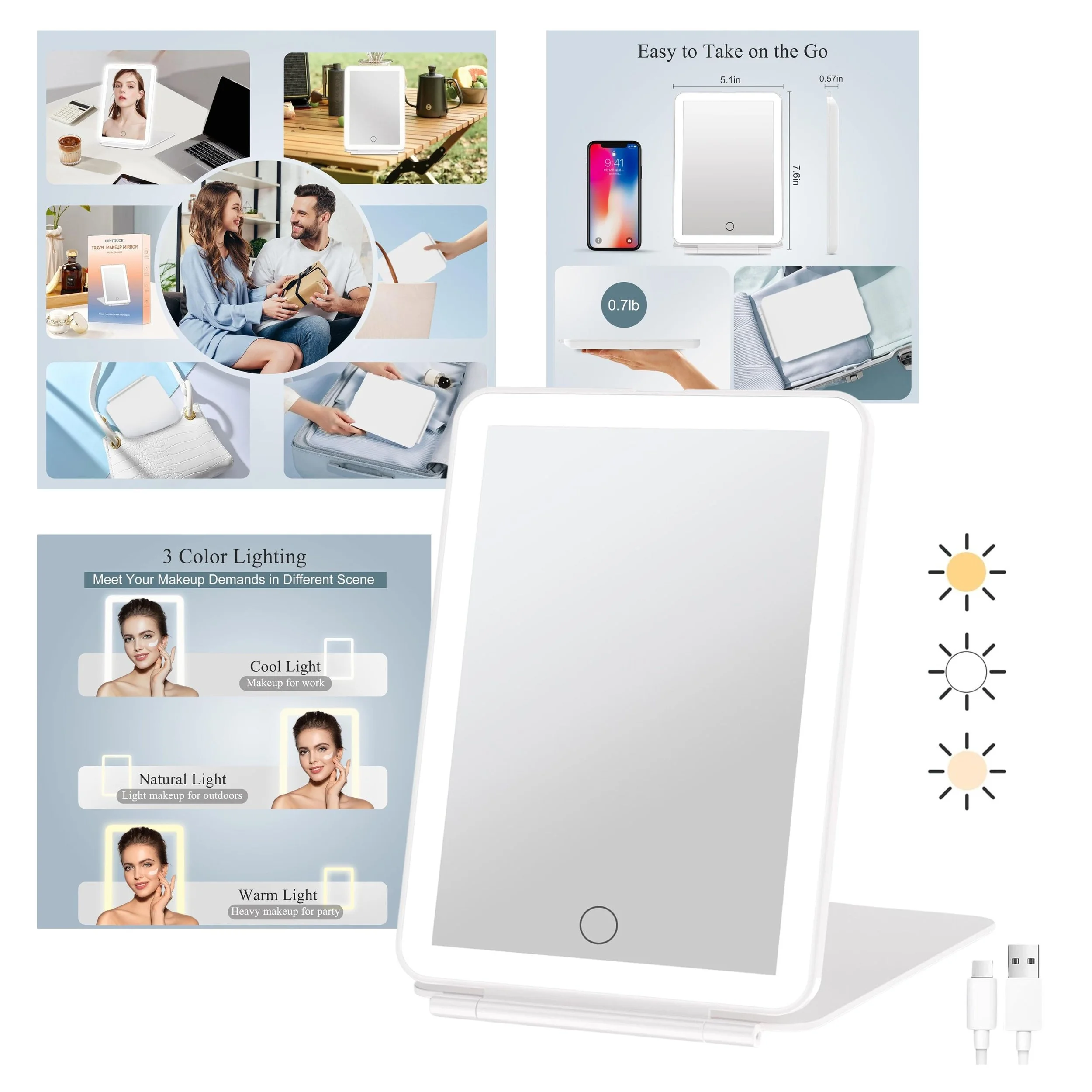 LIGHTED MAKEUP MIRROR

FUNTOUCH Rechargeable Travel Makeup Mirror with 72 Led Lights
Portable Lighted Beauty Mirror, 3 Color Lighting, Dimmable Touch Screen, Tabletop LED Folding Cosmetic Vanity Mirror