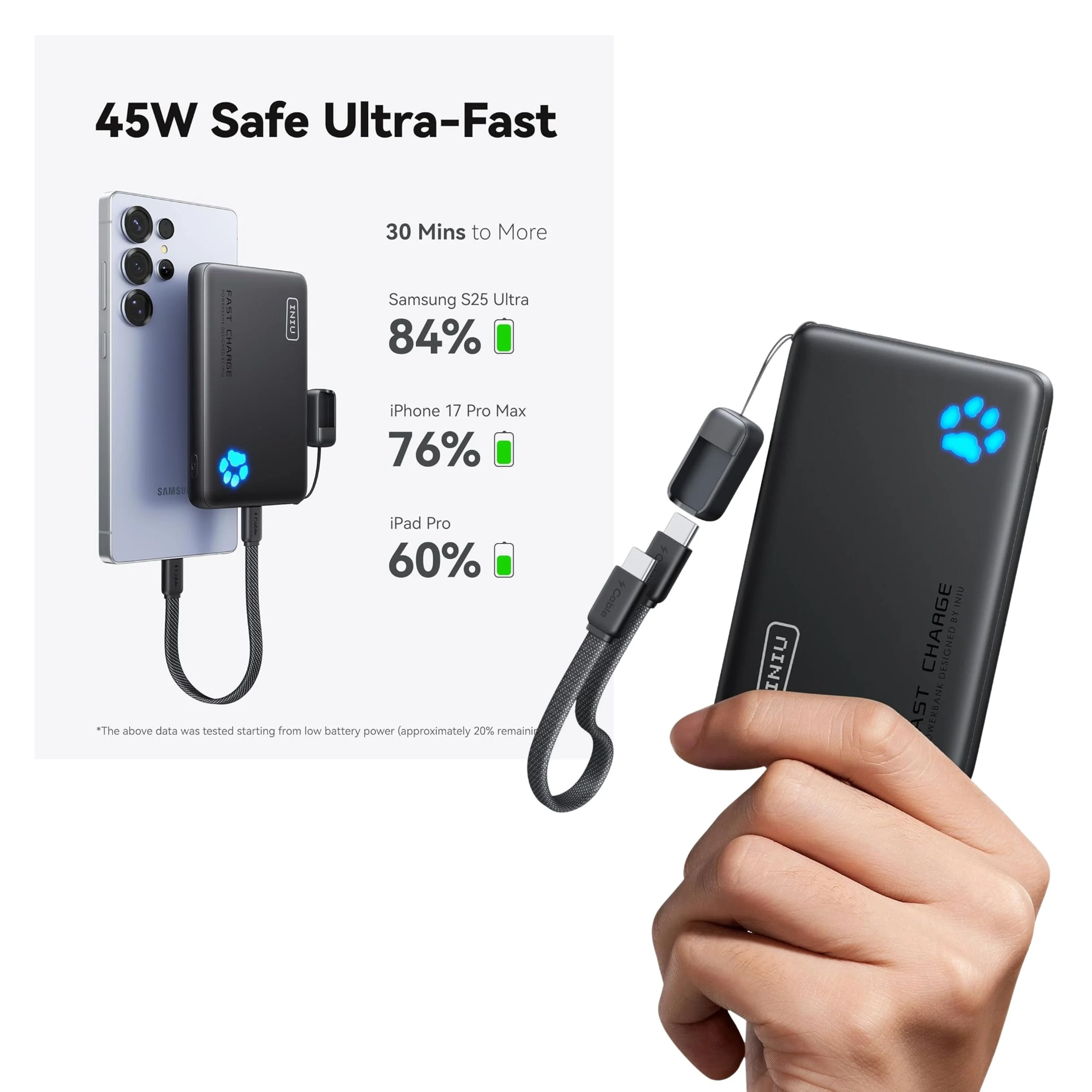 PORTABLE CHARGER

INIU 10000mAh 45W Fast Charging Portable Charger, Smaller Travel Power Bank
Flight-Safe, Detachable USB C Cable, Travel Essential, External Battery Phone Pack for iPhone 17 Samsung S26 iPad etc
