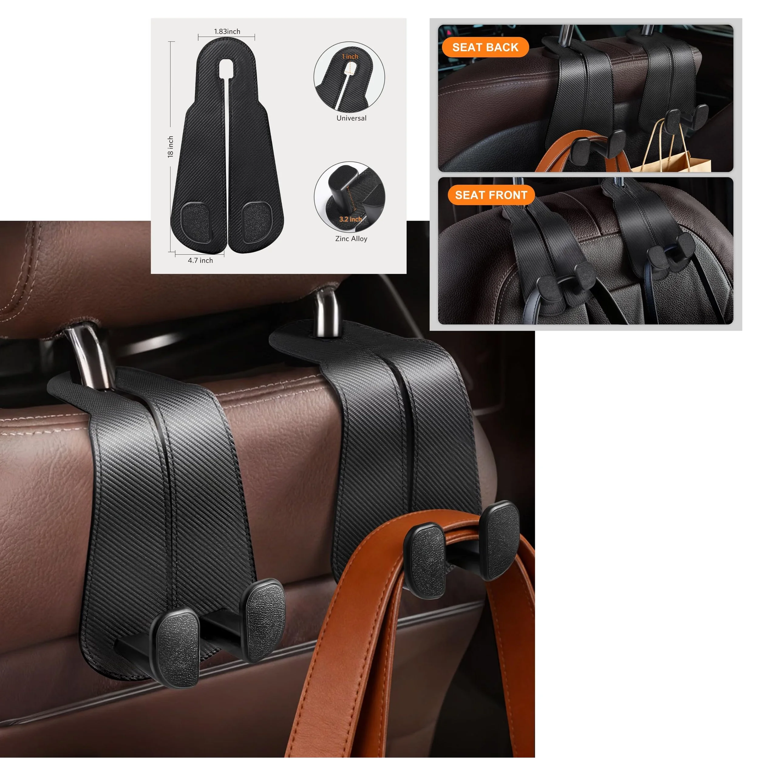 SEAT BACK HOOKS

CoBak Extra Wide Car Seat Back Hooks, Premium Stitched Leather Headrest Hangers with Wide Slot Structure, Universal for Any-Width Purses, Handbags, Bags (2 Pack), Carbon Fiber Black