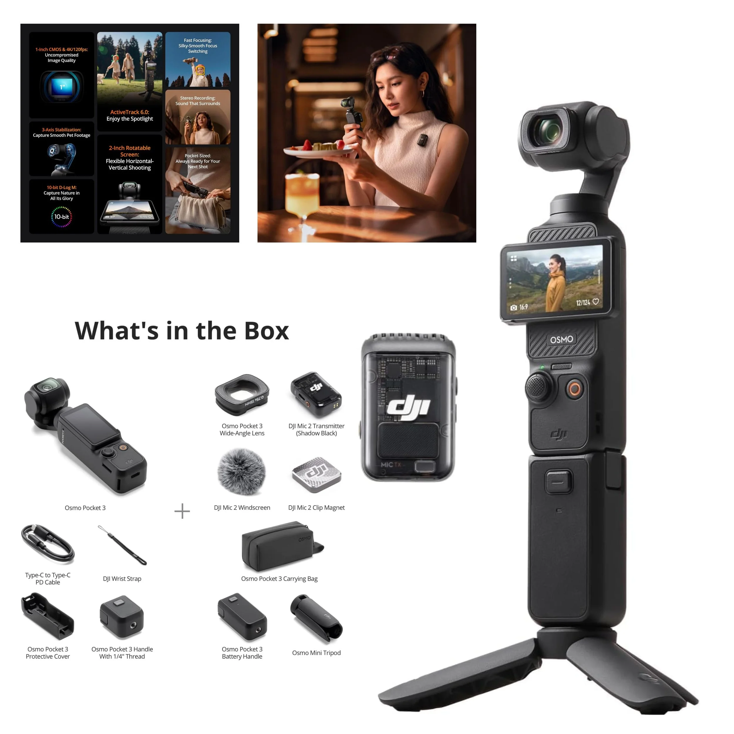 VLOGGING CAMERA
DJI Osmo Pocket 3 Creator Combo

1'' CMOS & 4K/120fps | 3-Axis Stabilization, Spotlight Follow, Fast Focusing, Mic Included for Clear Sound, Small Camera for Photography