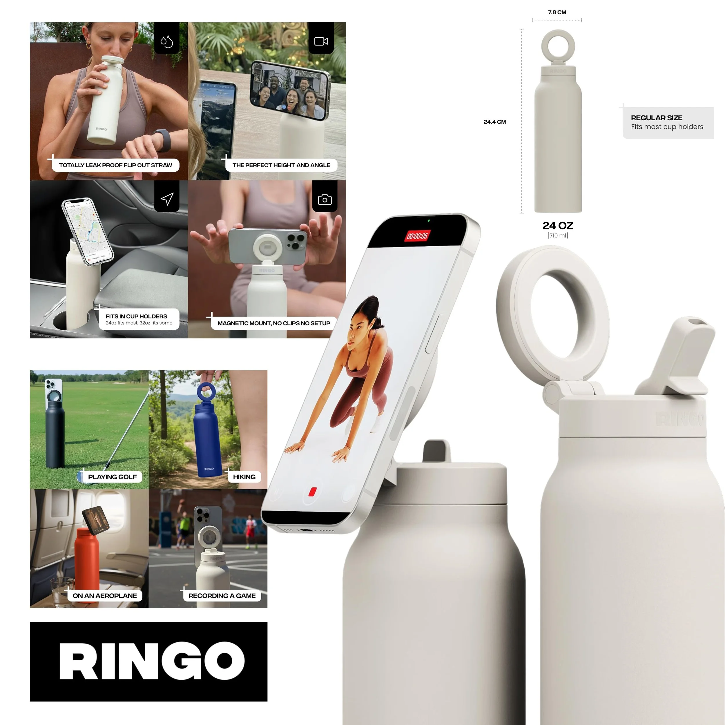 Ringo PRO Insulated Water Bottle, Magnetic Phone Tripod Mount

Ivory, 24 oz | Stainless Steel Bottle, 360° Rotating Magnetic Mount, MagSafe Compatible, Leak-proof Straw Lid, 24h Cold & 12h Hot
