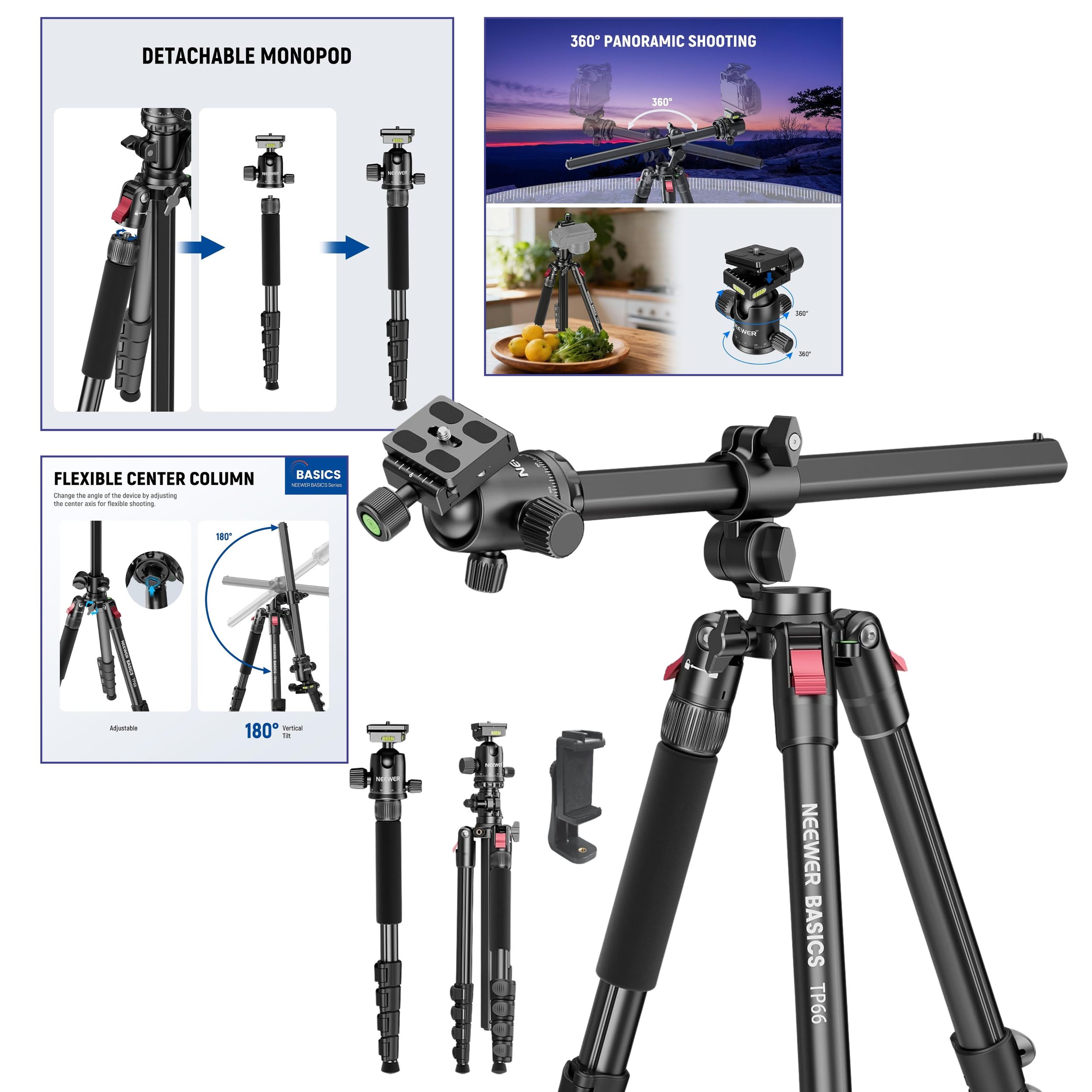 64.5" Horizontal Overhead Tripod

NEEWER Basics 64.5" Horizontal Overhead Tripod with Ball Head/Cell Phone Holder Compatible with iPhone Video Recording, Aluminum Travel Stand Camera Monopod, 360° Pan 180° Tilt 22lb/10kg Load, TP66