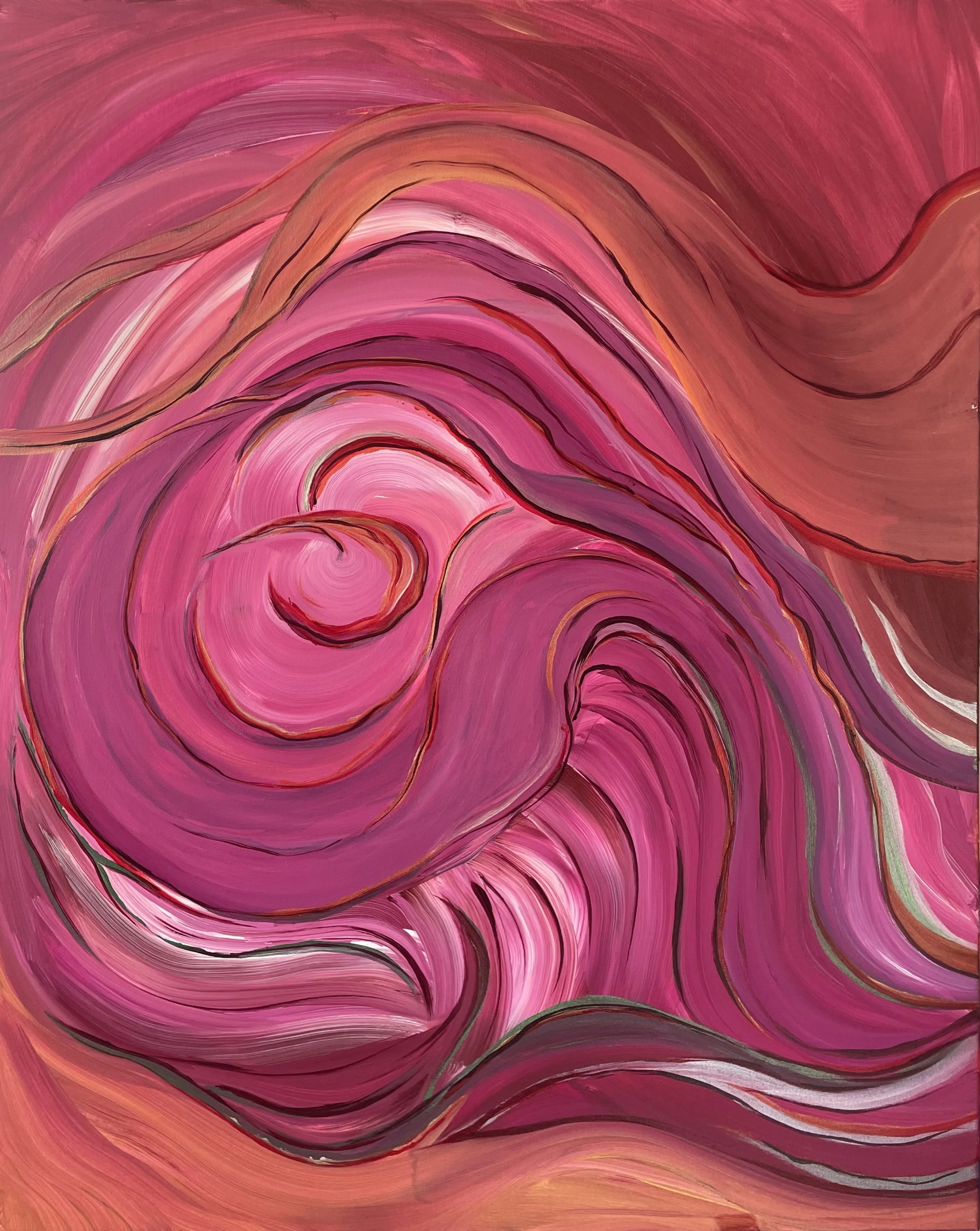 Abstract painting with swirling patterns in shades of pink, purple, and orange with black and white accents.