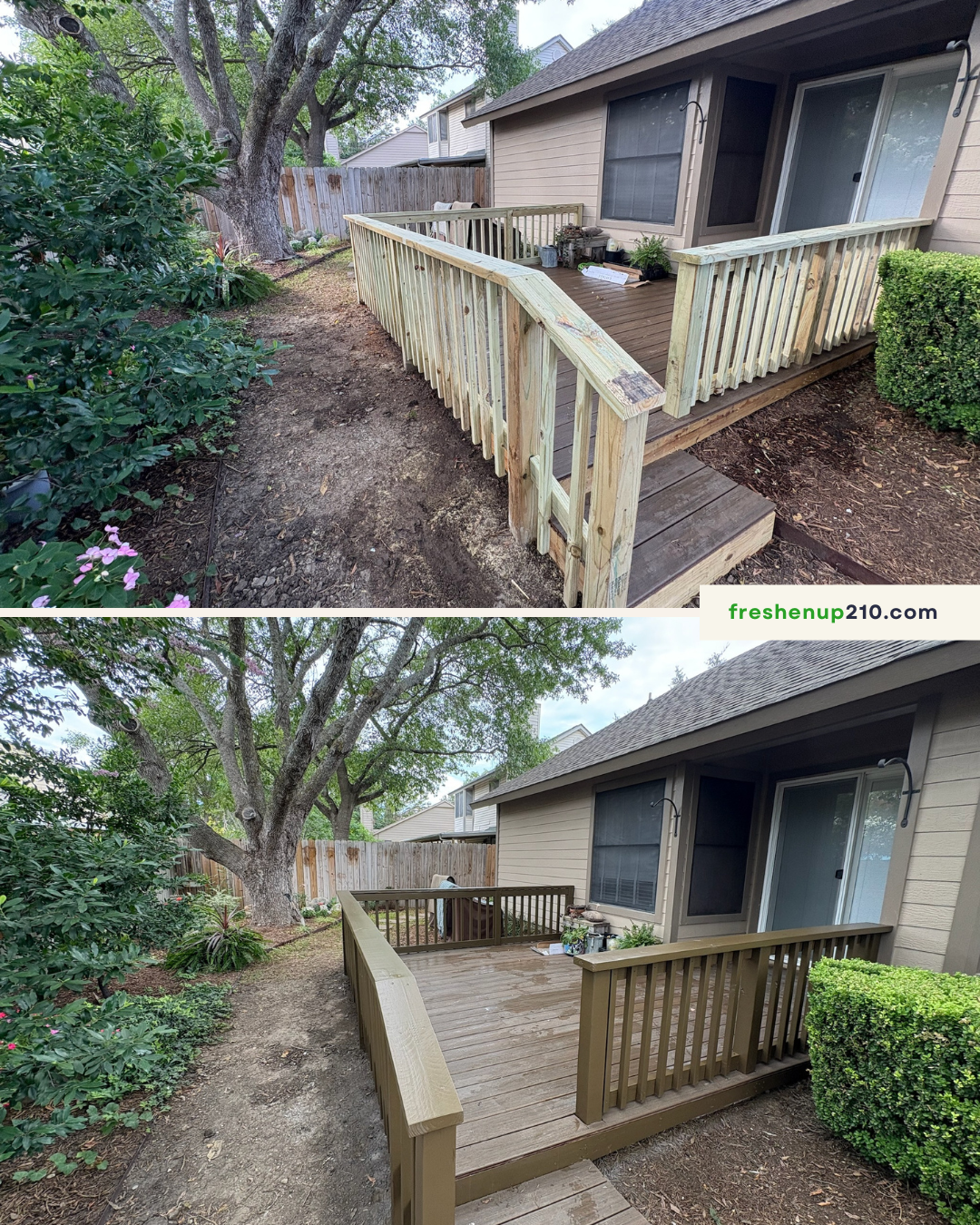Before renovation: wooden deck with railings showing wear and outdoor porch area