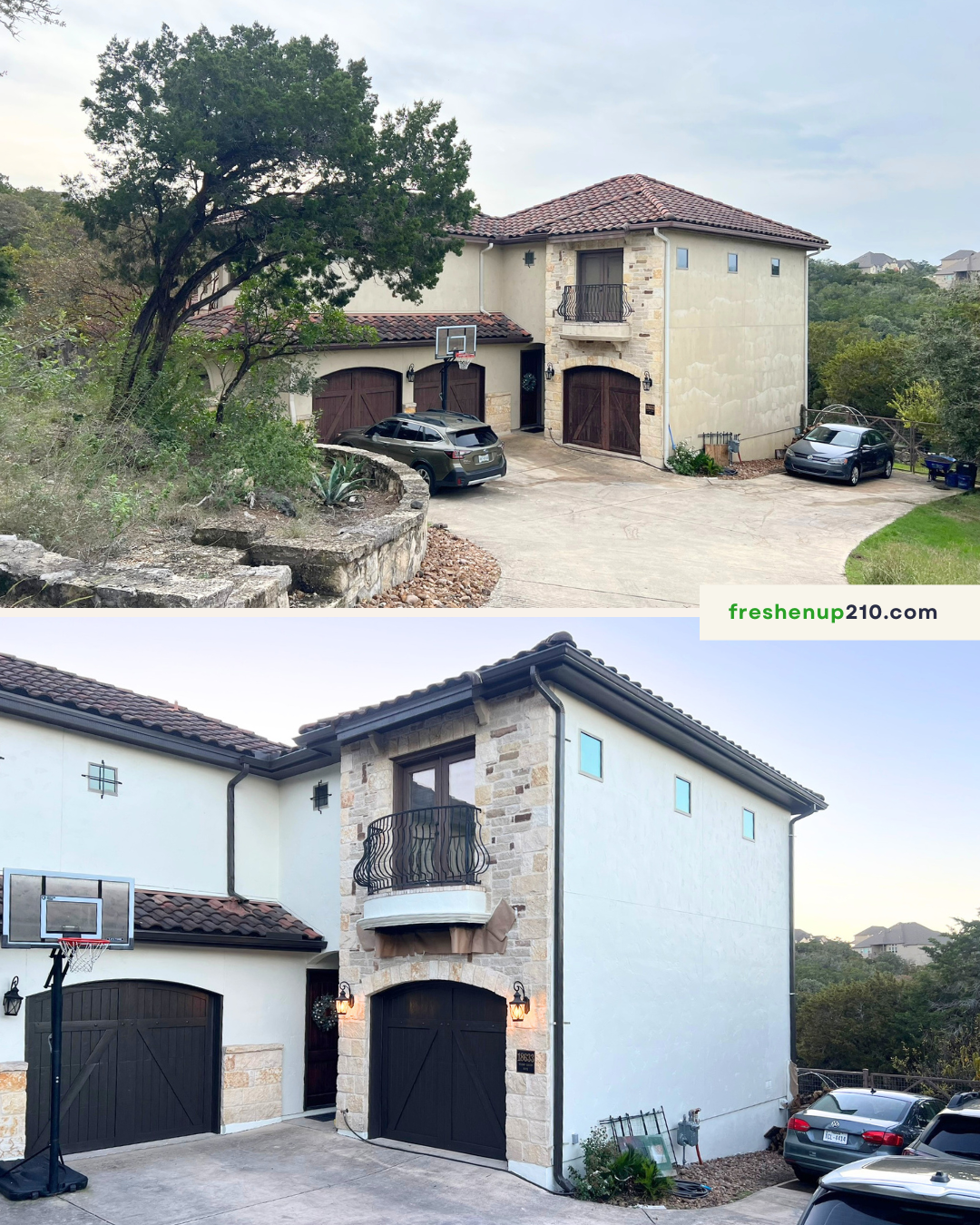 Before renovation: two-story house exterior with overgrown trees and landscaping