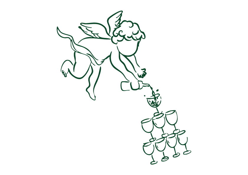 Une illustration d'un petit cupidon avec des ailes, tenant une bouteille de champagne en survolant une pyramide de verres à champagne, qu'il semble remplir.