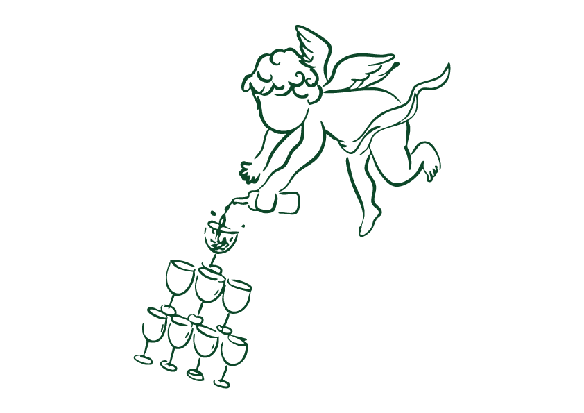 Un ange dessinée en ligne, de couleur verte, est en train de verser une boisson dans une pyramide de verres à champagne.