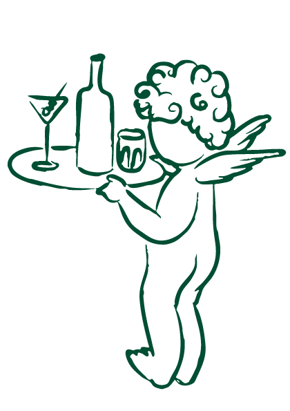 Un petit ange avec des ailes, tenant un plateau avec une bouteille, un verre à cocktail et un verre à whisky.