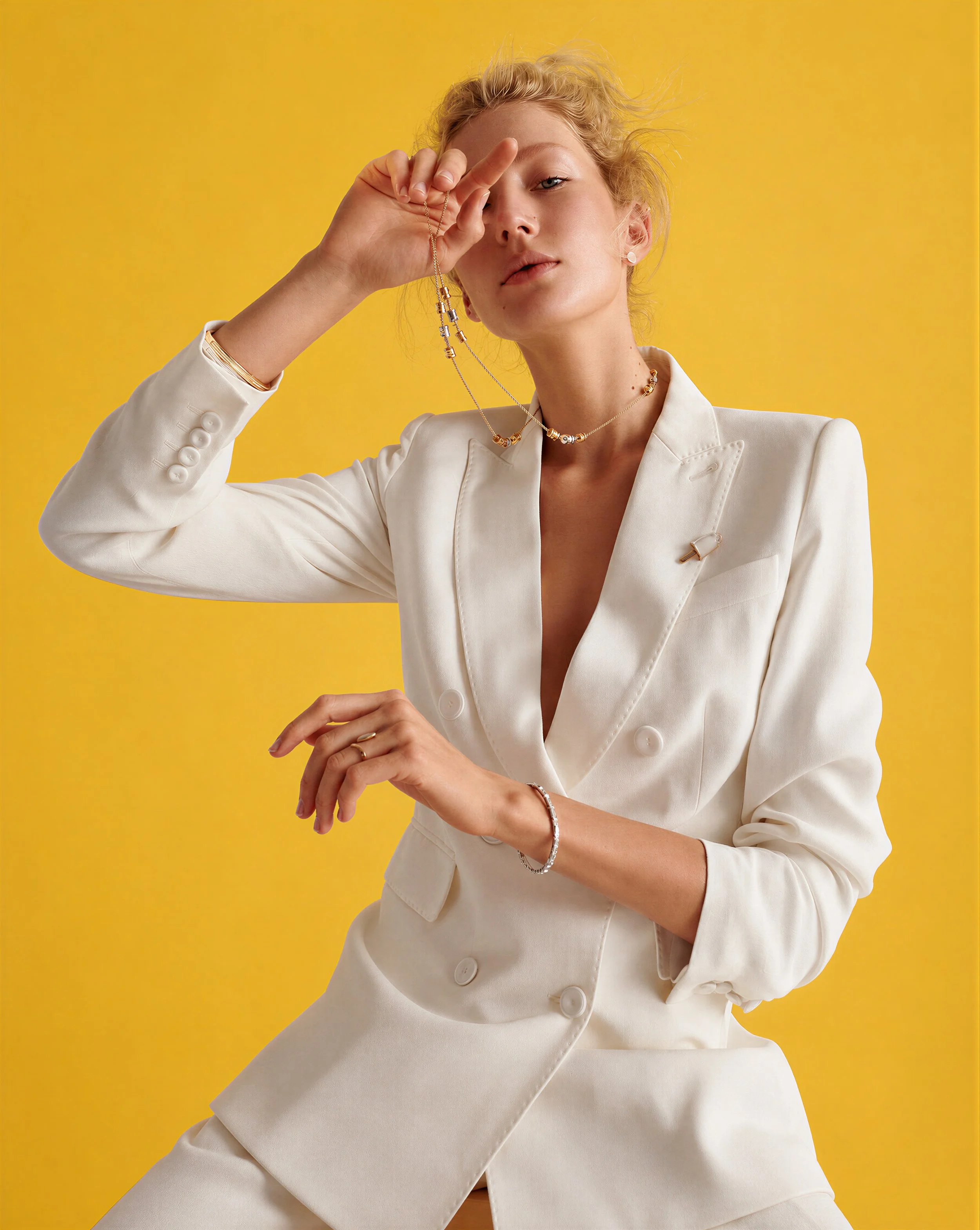 Chic blonde supermodel in ready to wear fine clothing that requires special laundry soap