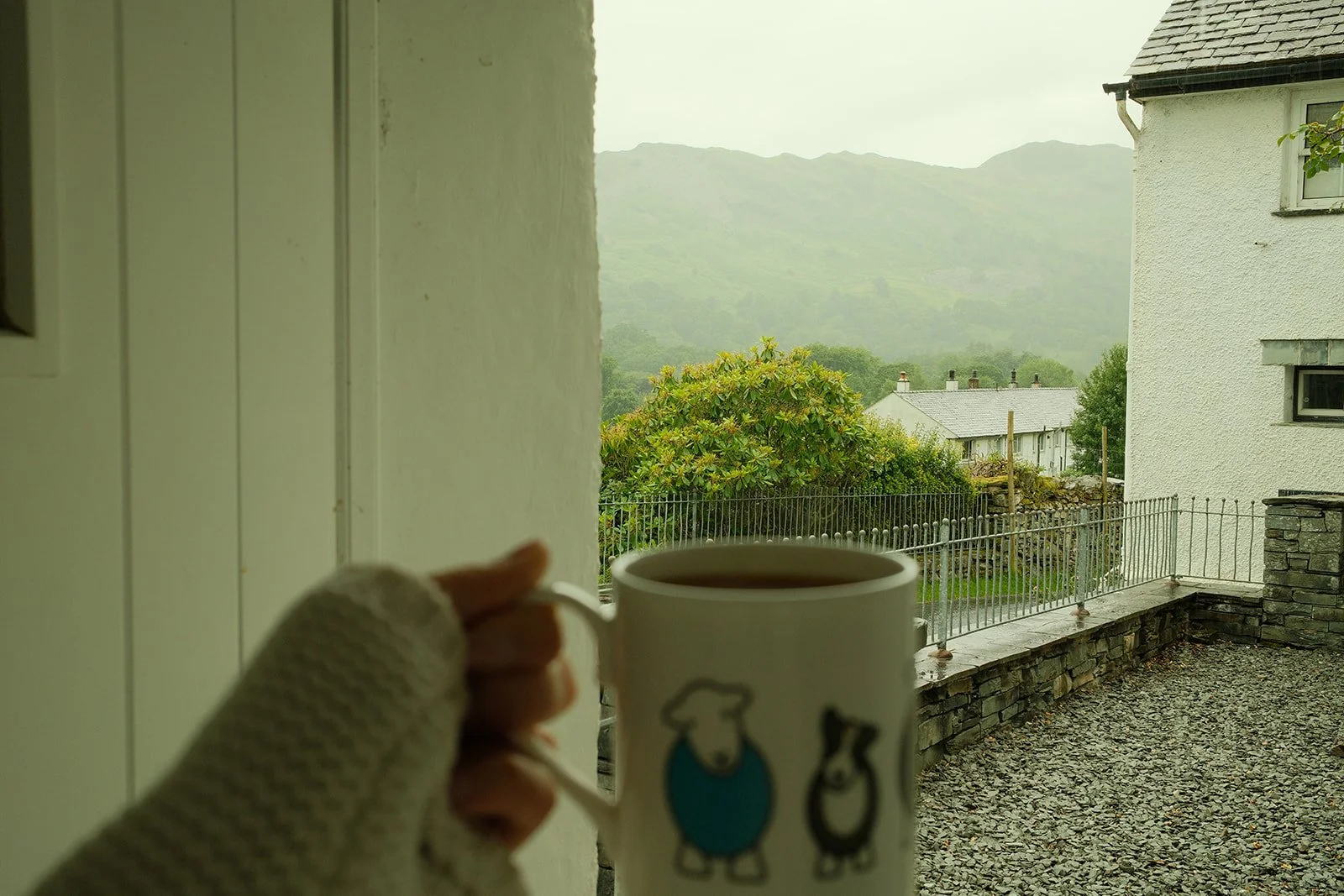 Airbnb in the Lake District photo with coffee looking out the door