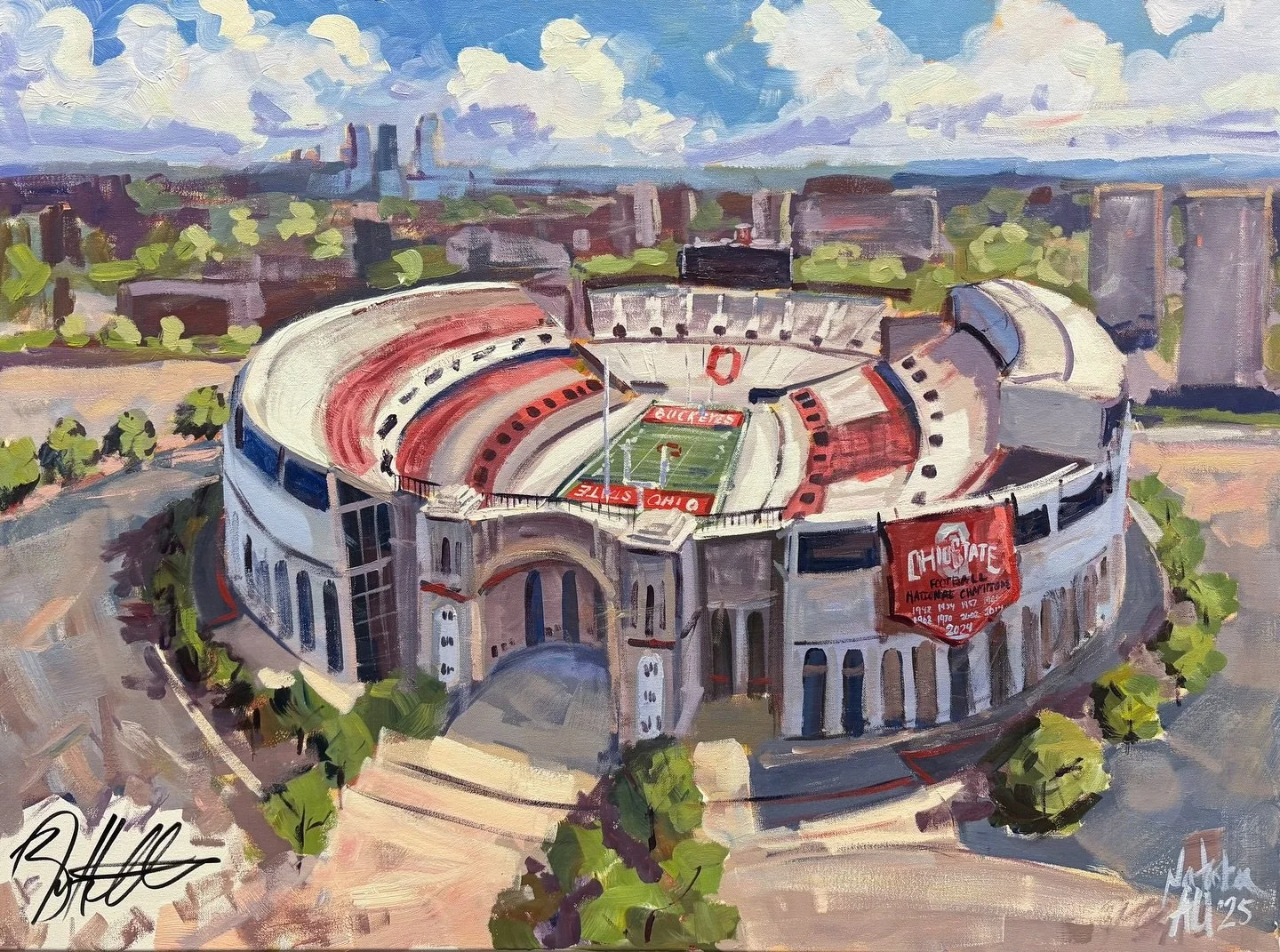 Final 30 x 40 live painting over 4 hours for @prg_columbusregion @pinkribbongood&rsquo;s Ignite the Fight, featuring @brianhartline&rsquo;s signature and the infamous 👟 Stadium💓