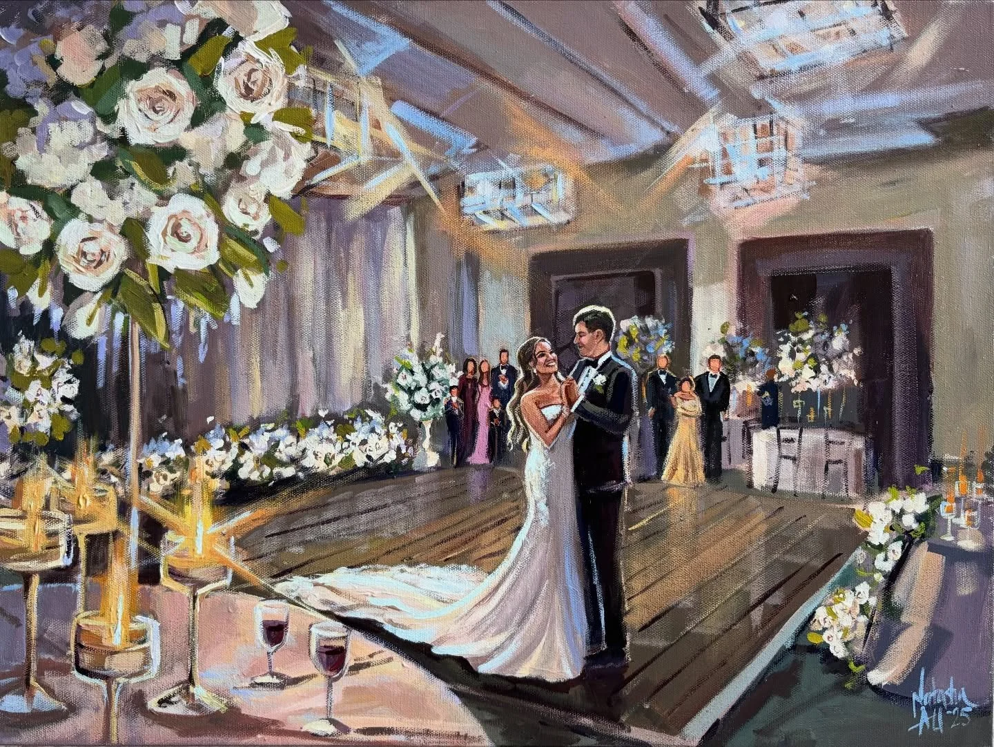 Claire + Kostas&rsquo; final 18 x 24 live painting, complete with a silver floating frame and ready to go for the Mr. and Mrs.🤍