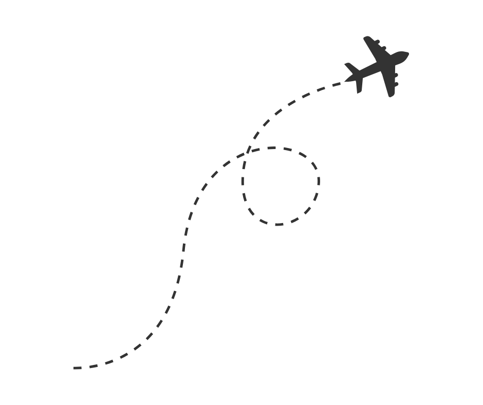 Airplane icon with dotted-line flight trail.