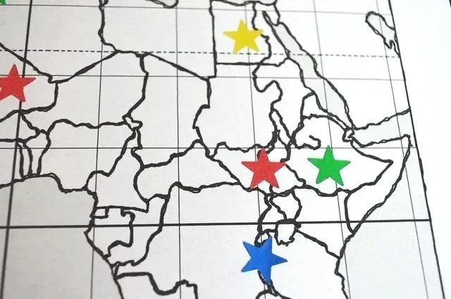 Map of Africa with countries outlined and stickers to mark countries on the map
