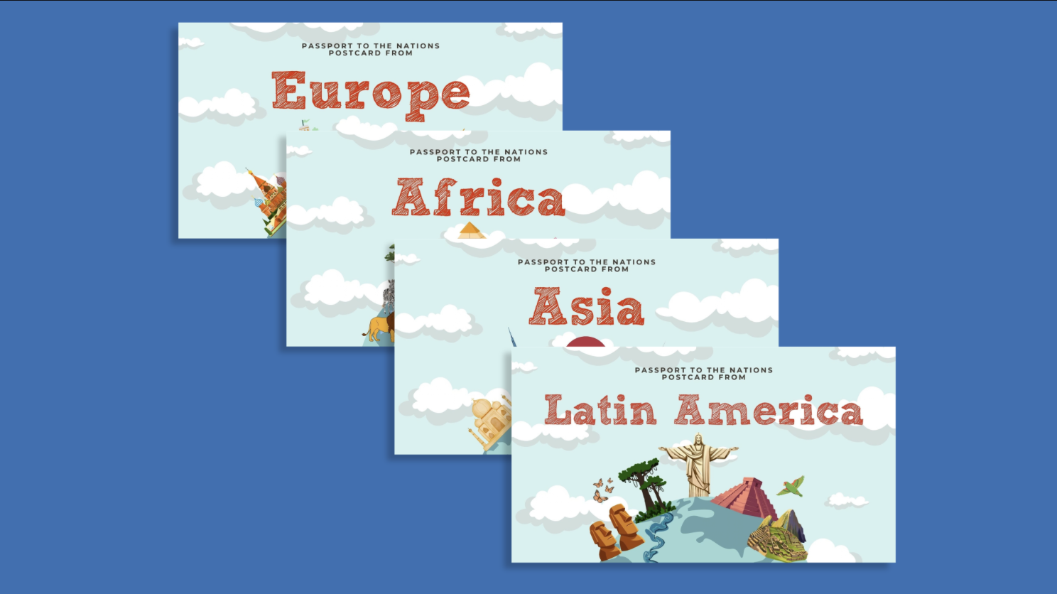 Title cards for continent presentations.