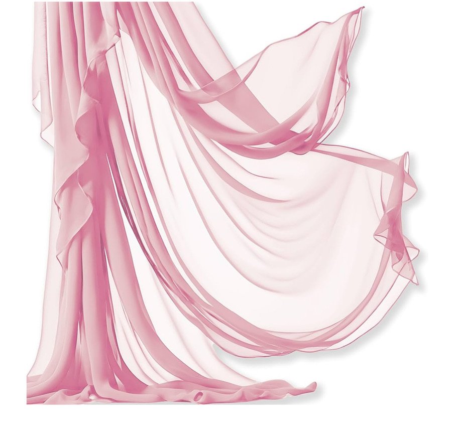 Flowing pink sheer fabric drapes with soft folds and waves against a white background.
