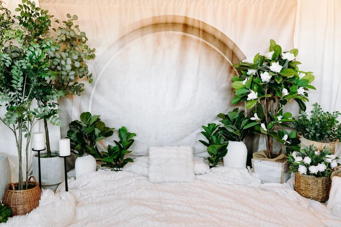 Indoor space with various potted plants against a white backdrop, featuring leafy greenery and floral arrangements. A fluffy white blanket and pillow are on the floor, creating a cozy atmosphere. Decorative baskets and candles are also present.