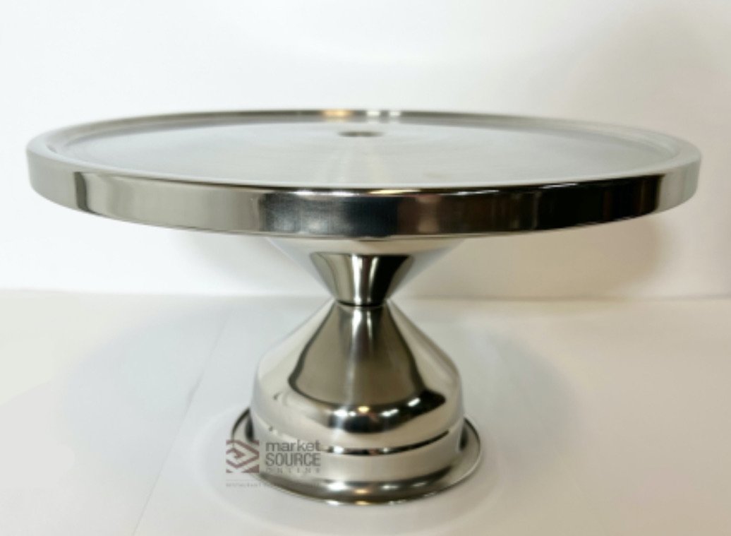 Stainless steel cake stand with a round base and flat top