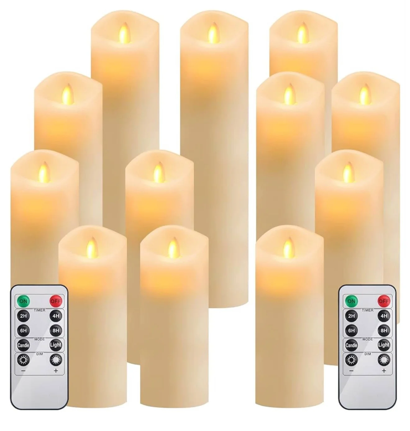 A set of flameless LED candles with two remote controls on a white background.