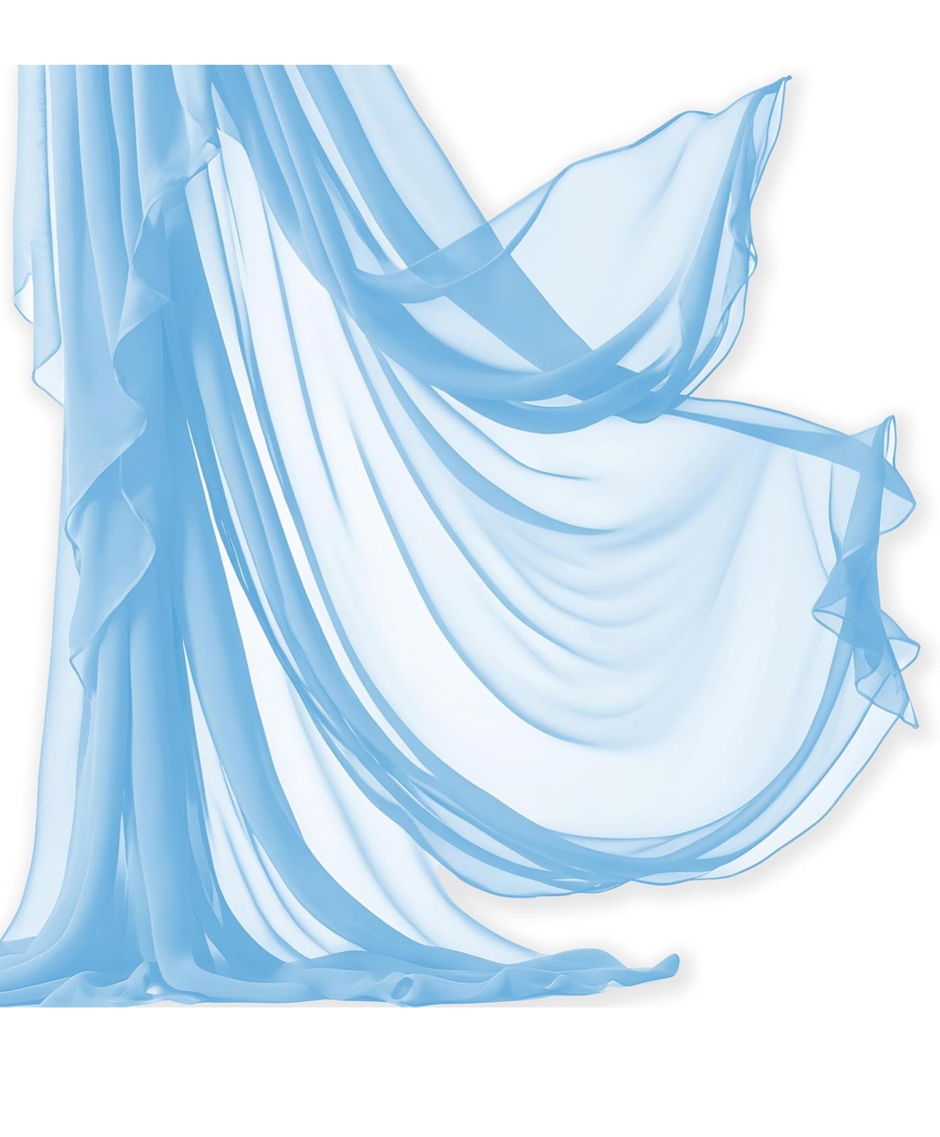 Light blue sheer fabric curtains softly draping.