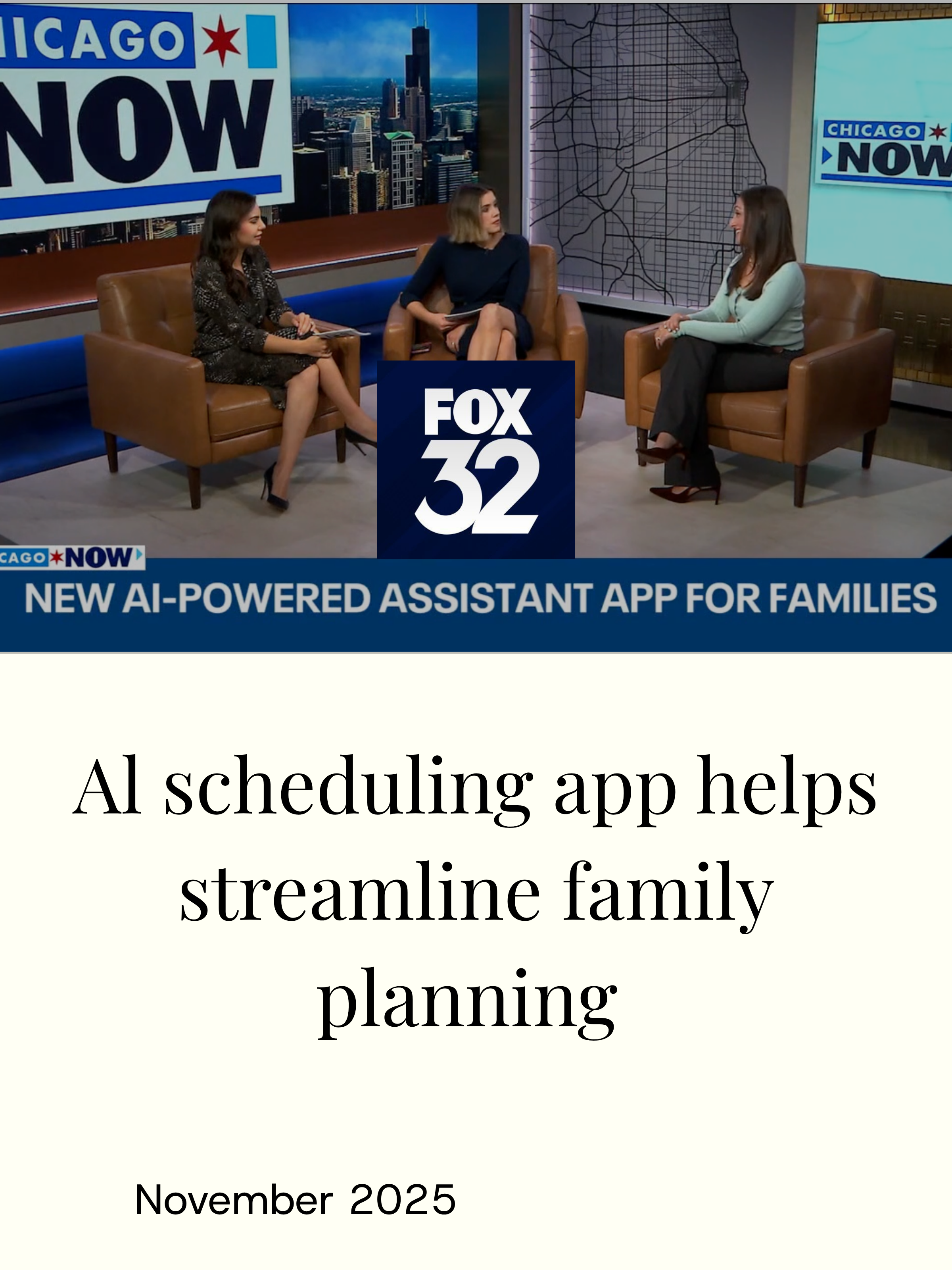 Amy Briggs, founder of Aviva, speaking on FOX 32 Chicago about AI family scheduling