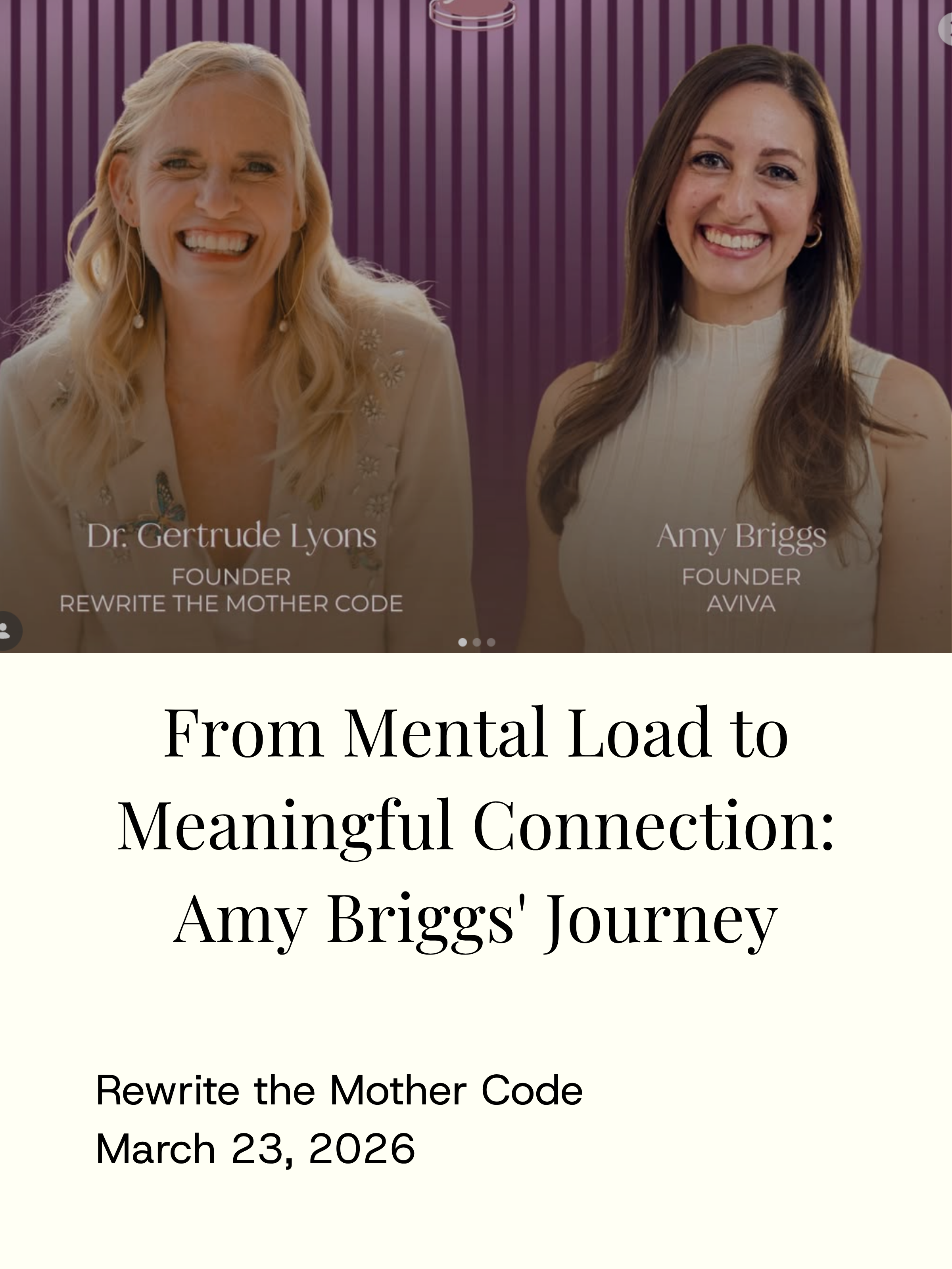 Amy Briggs, founder of Aviva, featured guest on Rewrite the Mother Code speaking about the parental journey from mental load to meaningful connection