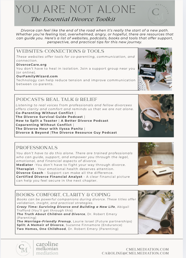 A guide titled 'You Are Not Alone: The Essential Divorce Toolkit' with sections on websites, podcasts, professionals, and books for support during divorce, accompanied by images of a desk with a laptop, a cup of tea, and a notebook.