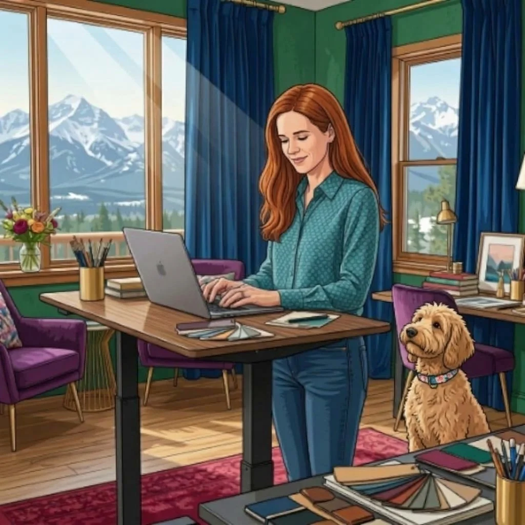 A woman with long red hair working on a laptop at a wooden desk in a room with large windows showing snow-capped mountains and trees outside. A golden doodle dog sits on a chair next to her. The room has green walls, blue curtains, and various books, framed pictures, and colorful chairs.