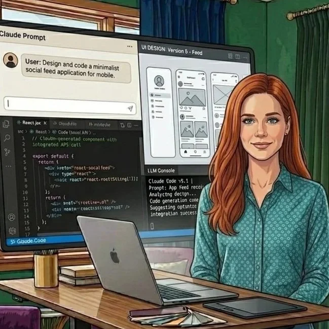 Illustration of a woman with long red hair sitting at a desk with a laptop, computer screens showing app design and coding, notebooks, and a tablet.