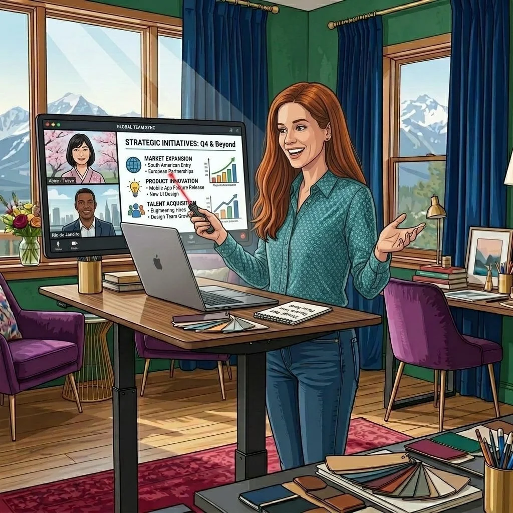 A woman with long red hair in a teal shirt standing in a home office, smiling and gesturing with her hands, with a laptop, notebooks, and files on the desk, and a large monitor displaying a presentation behind her. The room has green walls, blue curtains, and large windows with mountain views.